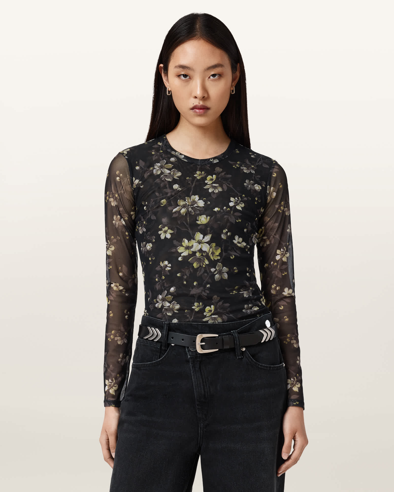 AllSaints Ellie Mesh Long Sleeve T-Shirt,, Vine Black