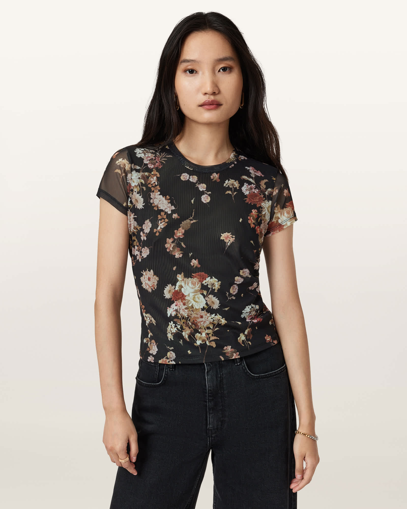 Allsaints Womens Armada Black Ellie Round-neck Floral-print Stretch-mesh T-shirt In Black