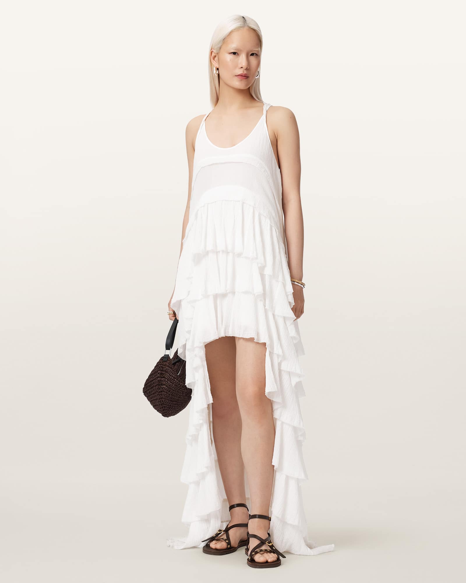 Allsaints Women's White Cavarly Crepe Tiered Ruffle Maxi Dress - Size  16