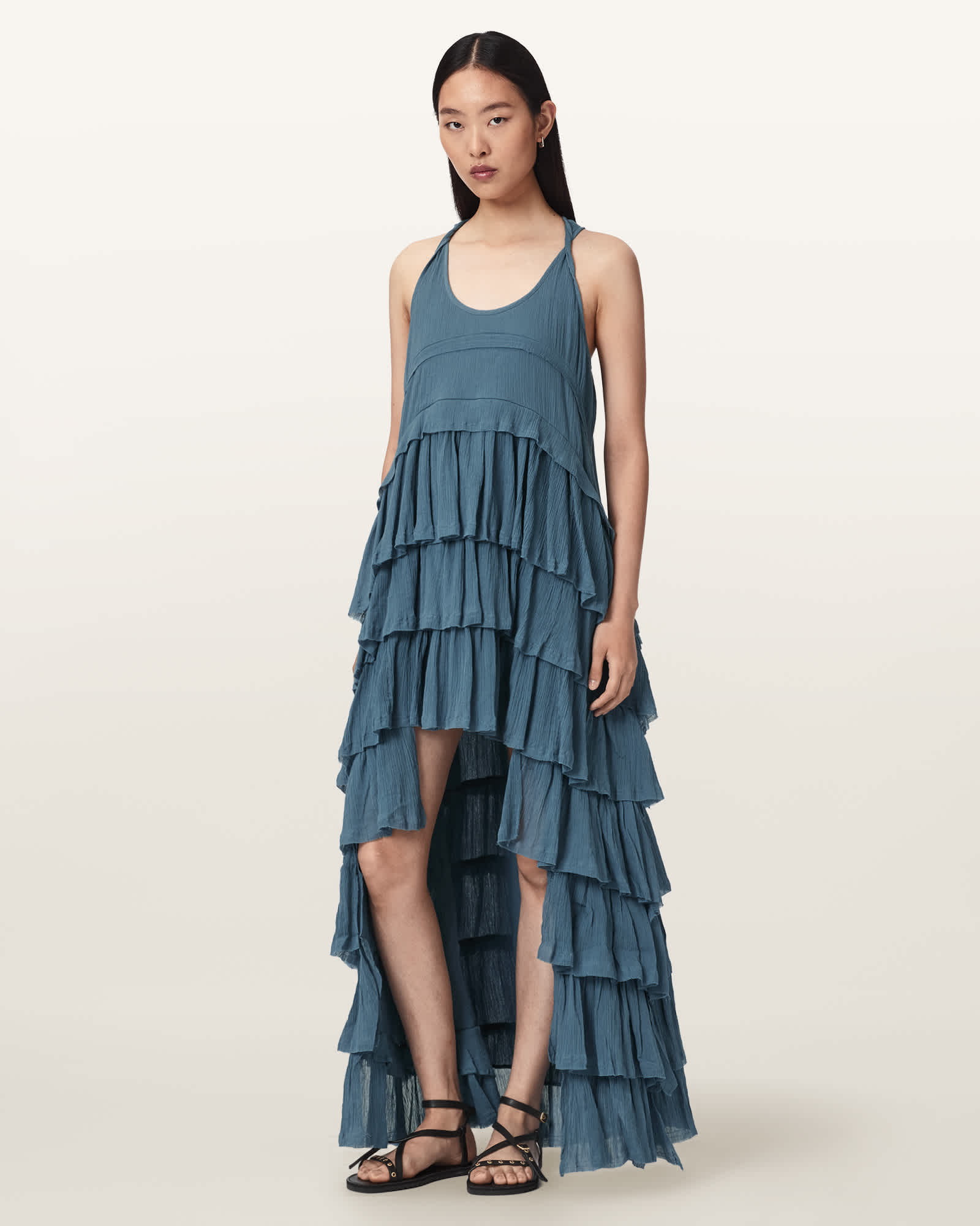 Allsaints Women's Blue Cavarly Crepe Tiered Ruffle Maxi Dress- - Size  16