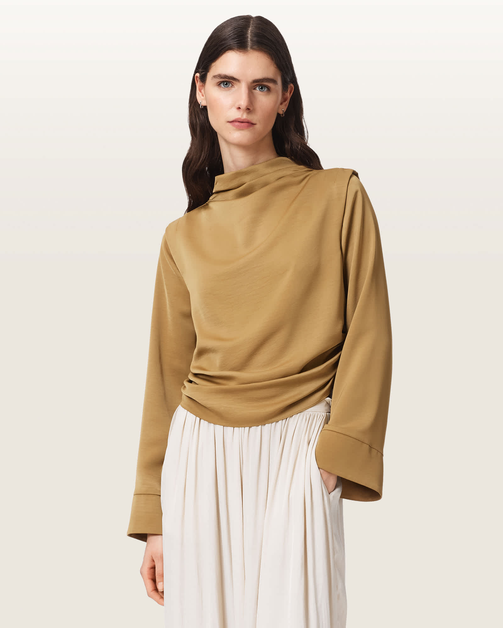 Allsaints Women's Brown Leslie Cowl Neck Relaxed Top - Size  10