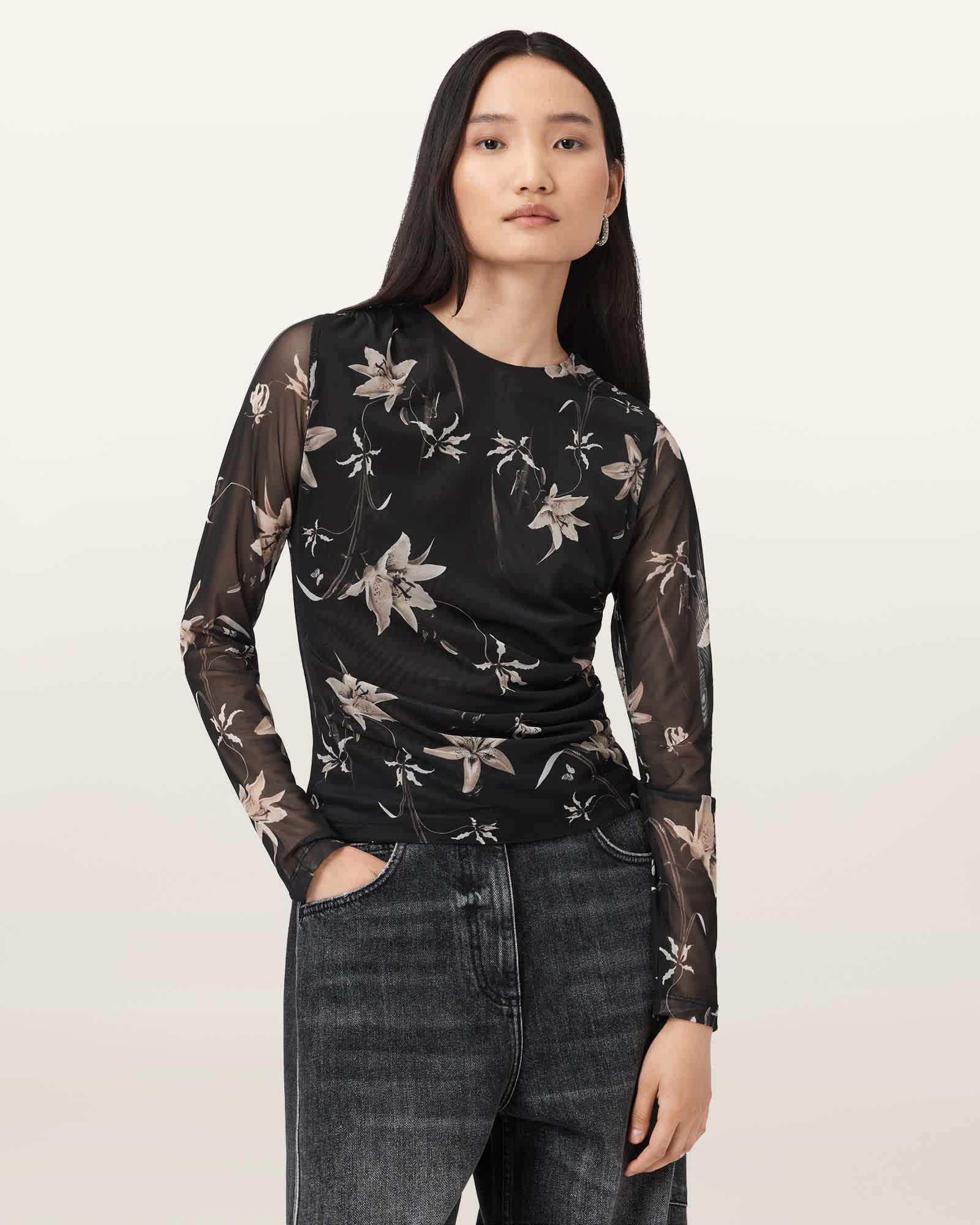 Allsaints Womens Petra Sepia Br Caia Floral-print Stretch-mesh Top In Black