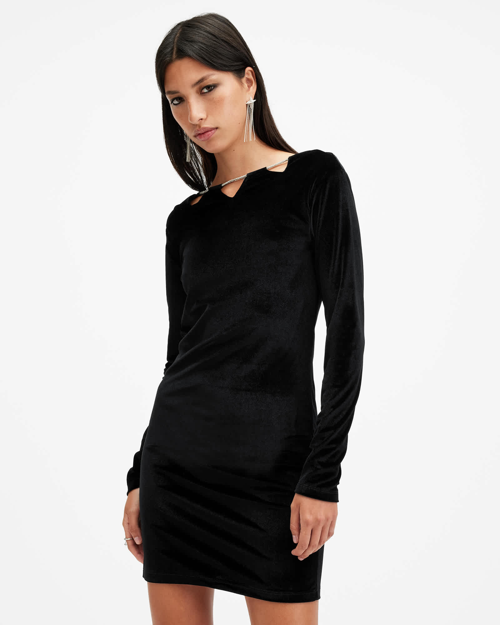 AllSaints Regina Velvet Sparkle Drawcord Mini Dress