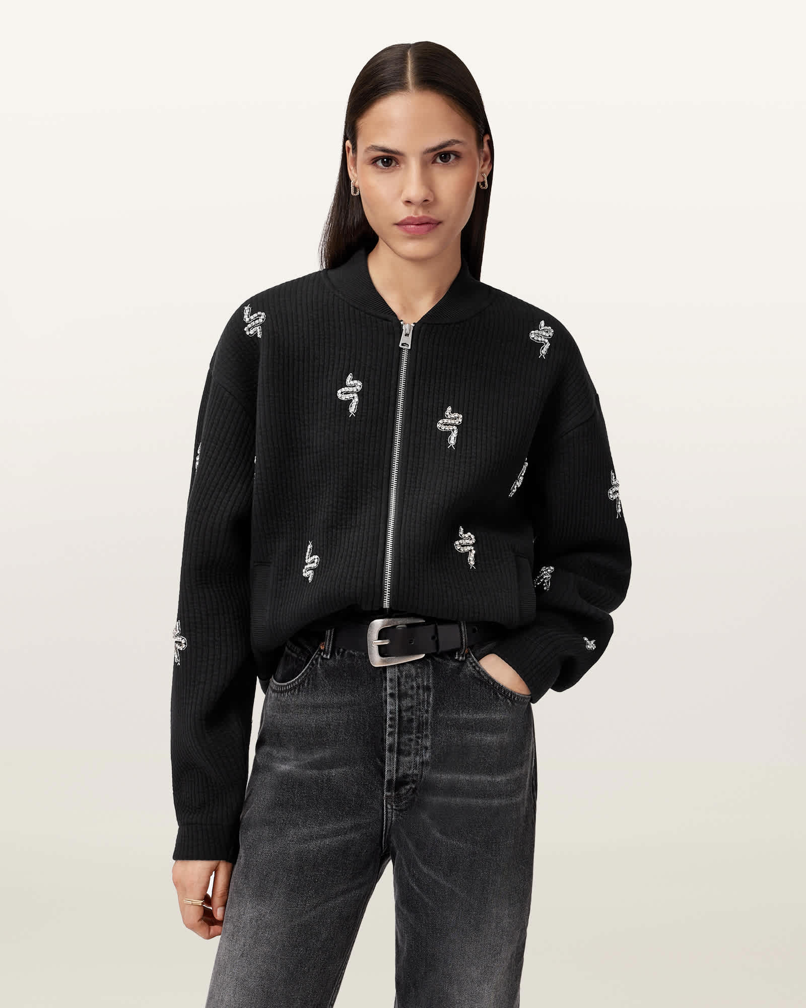 Allsaints Rhea Embellished Bea Bomber In Black