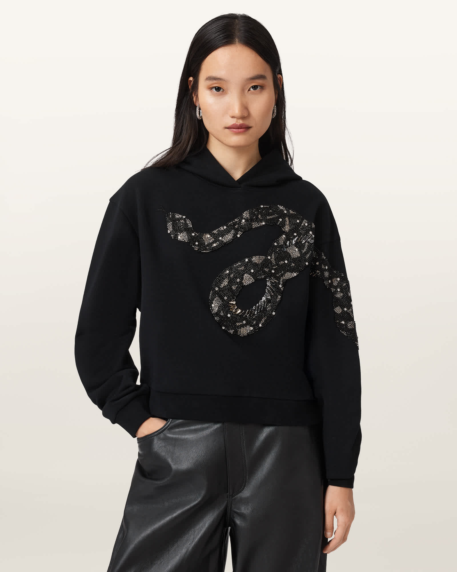 Allsaints Womens Black Alenka Pippa Snake-embellished Regular-fit Cotton Hoody In Black