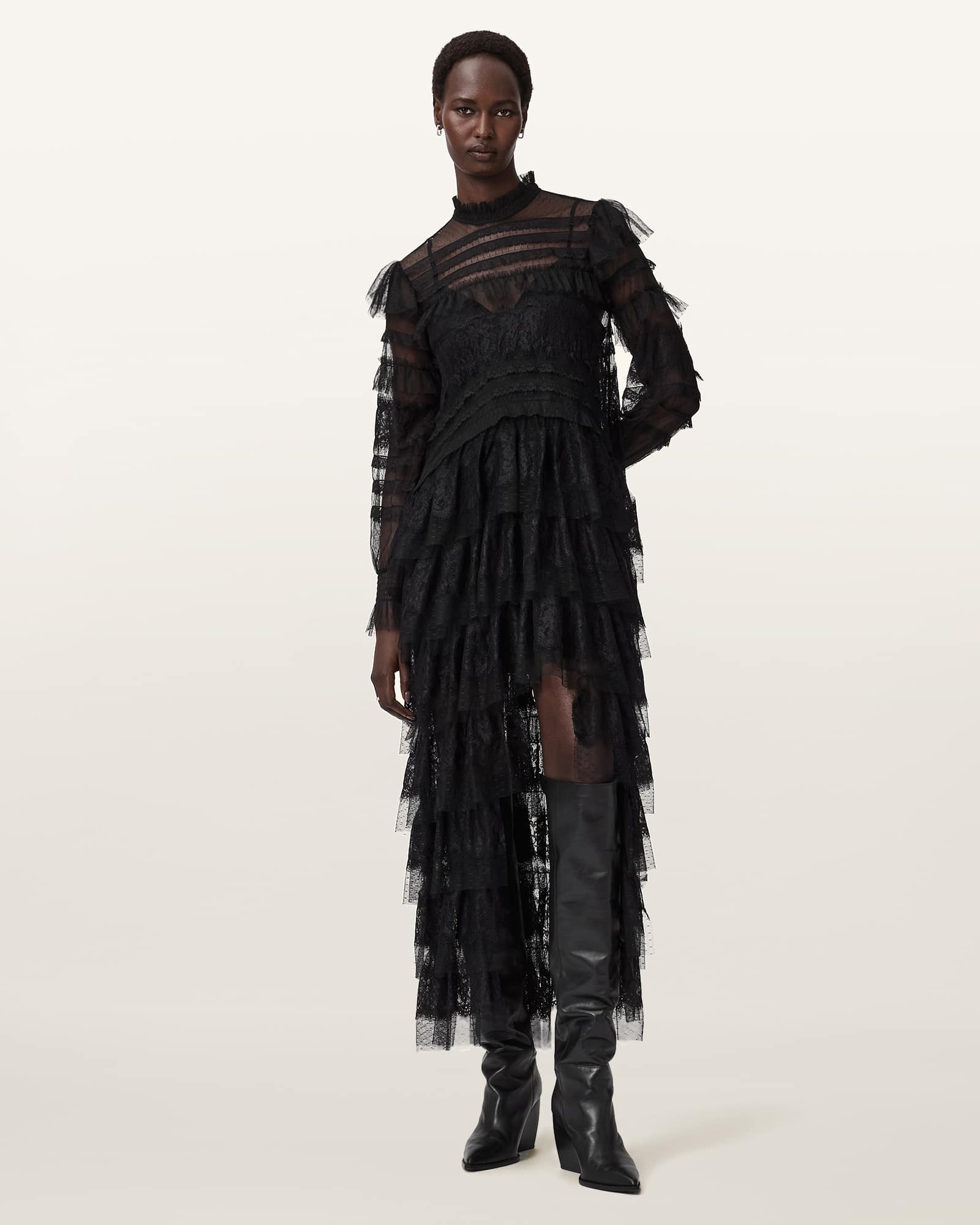 Allsaints Cavarly Lace Ruffle Long Sleeve Maxi Dress In Black