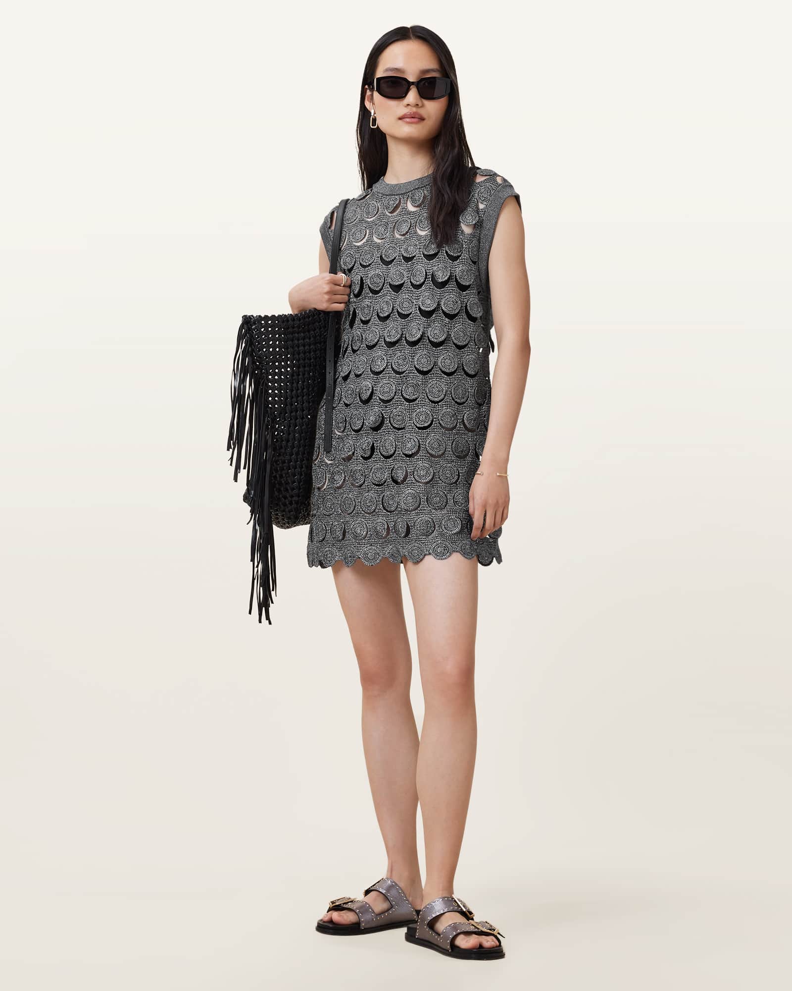 AllSaints Iris Crochet Metallic Mini Dress
