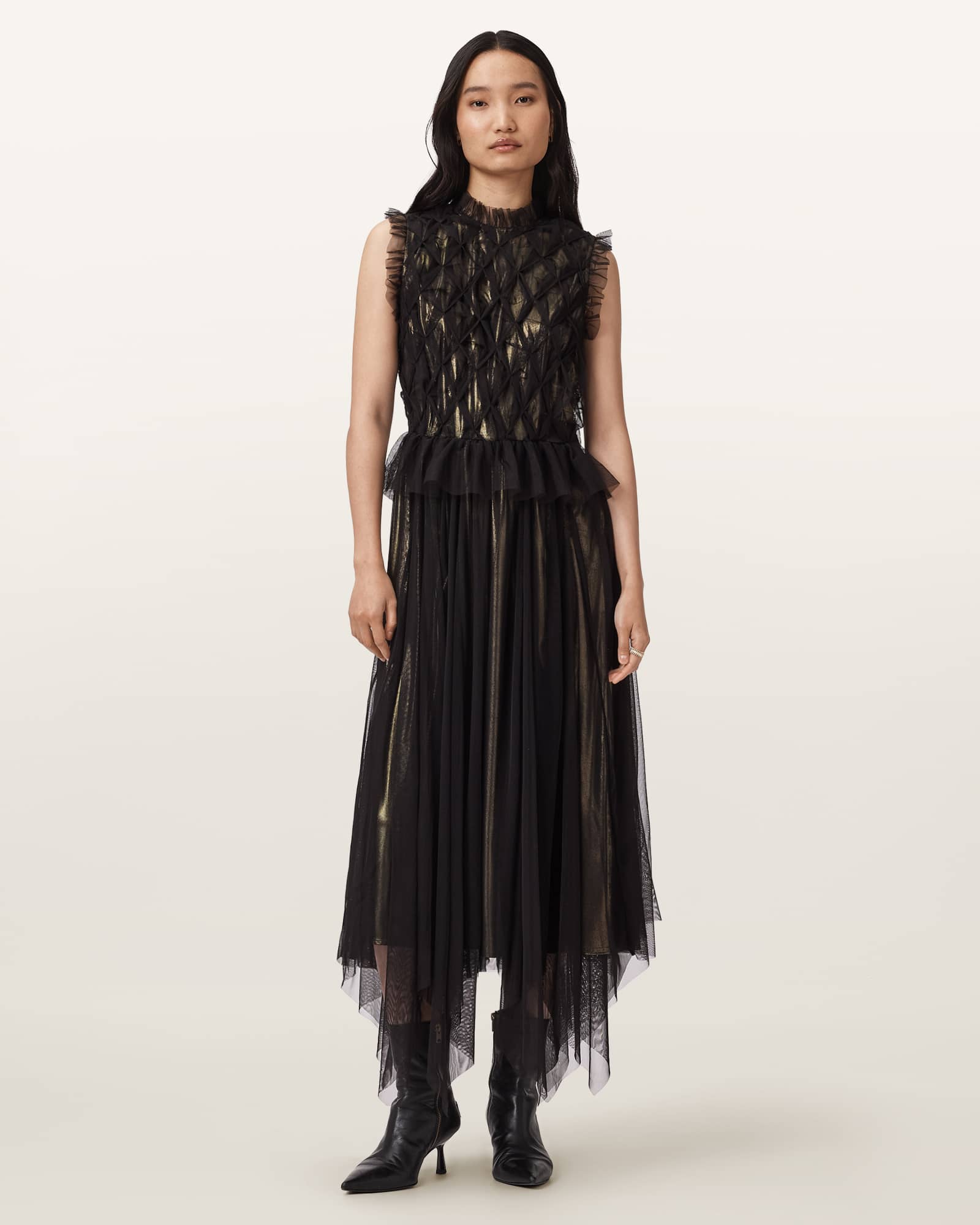 Allsaints Polyester Lola Metallic Midi Dress In Black