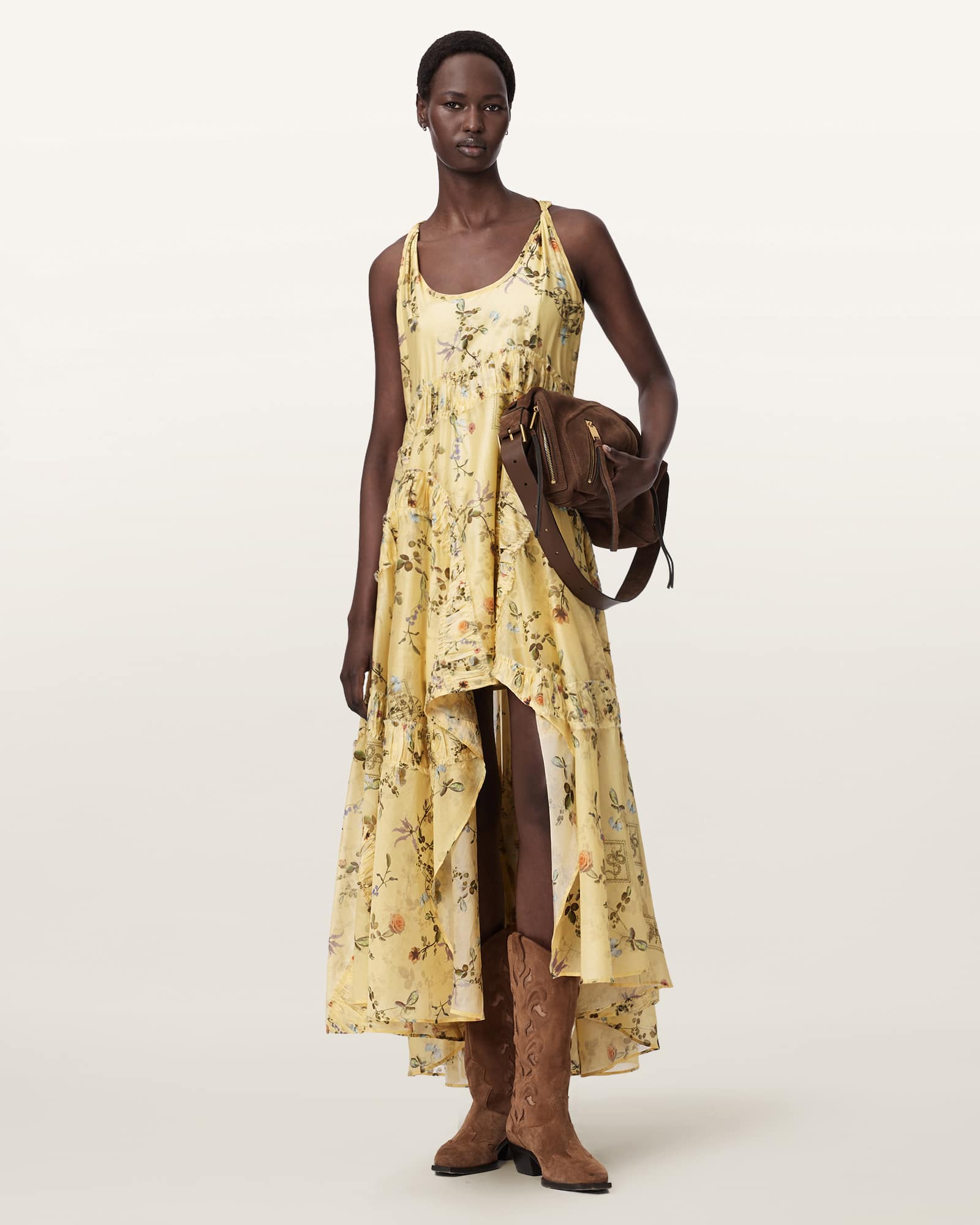 AllSaints Polyester Dorina Floral Asymmetric Dress, Size: UK 8/US 4