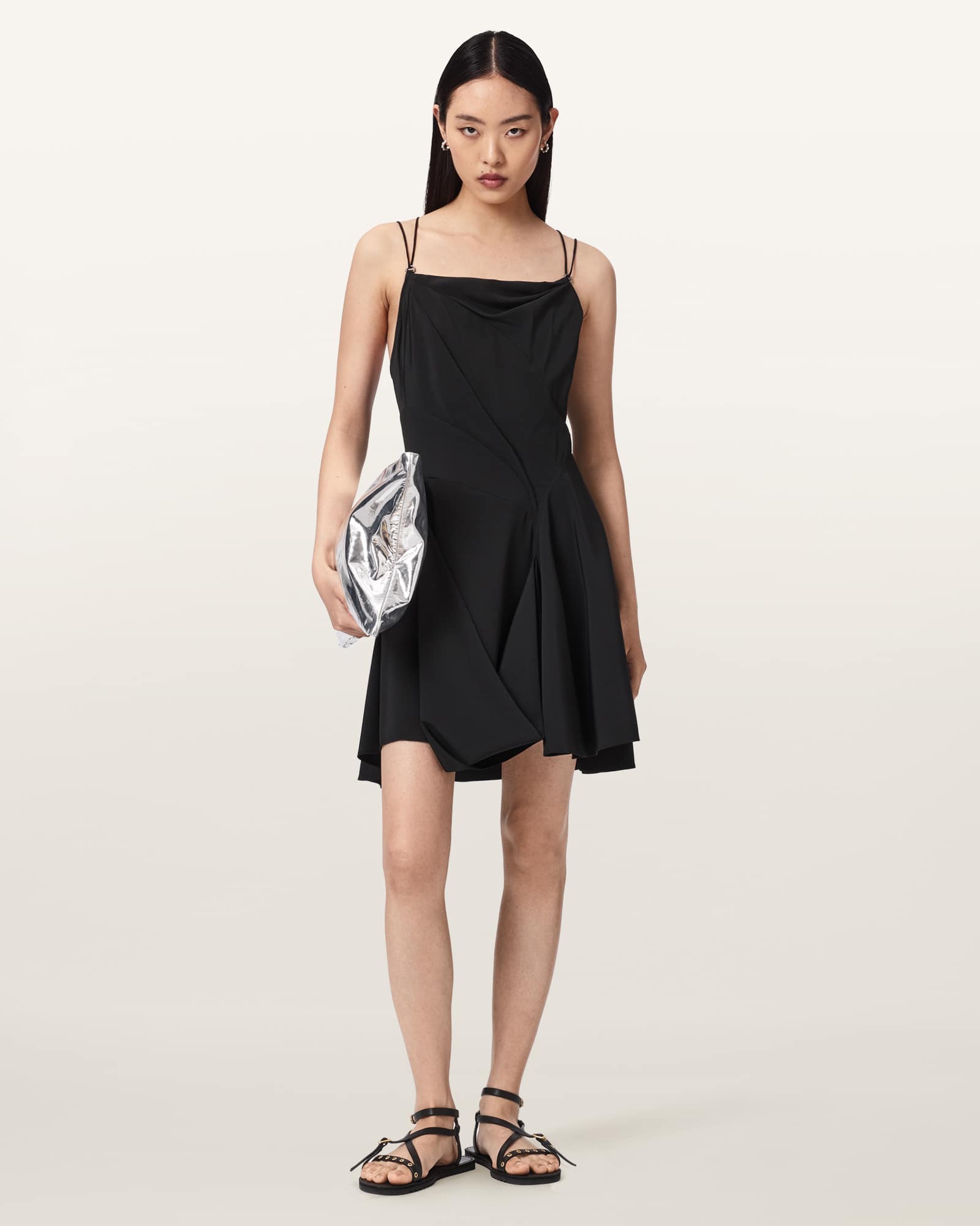 AllSaints Polyester Claire Asymmetrical Draped Mini Dress, Size: UK 16/US 12