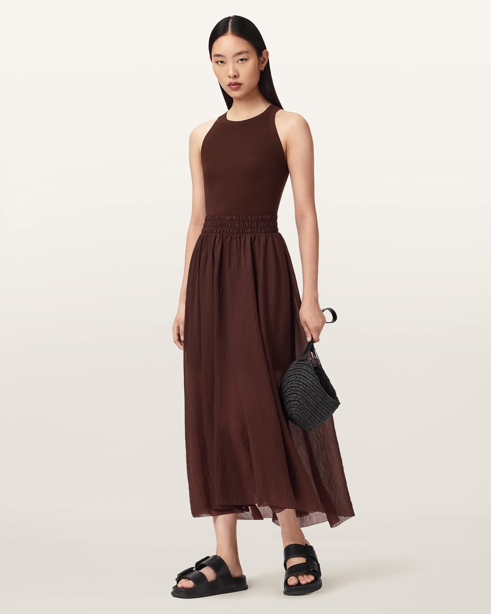 Allsaints Zenia Sleeveless Asymmetric Midi Dress In Burgundy