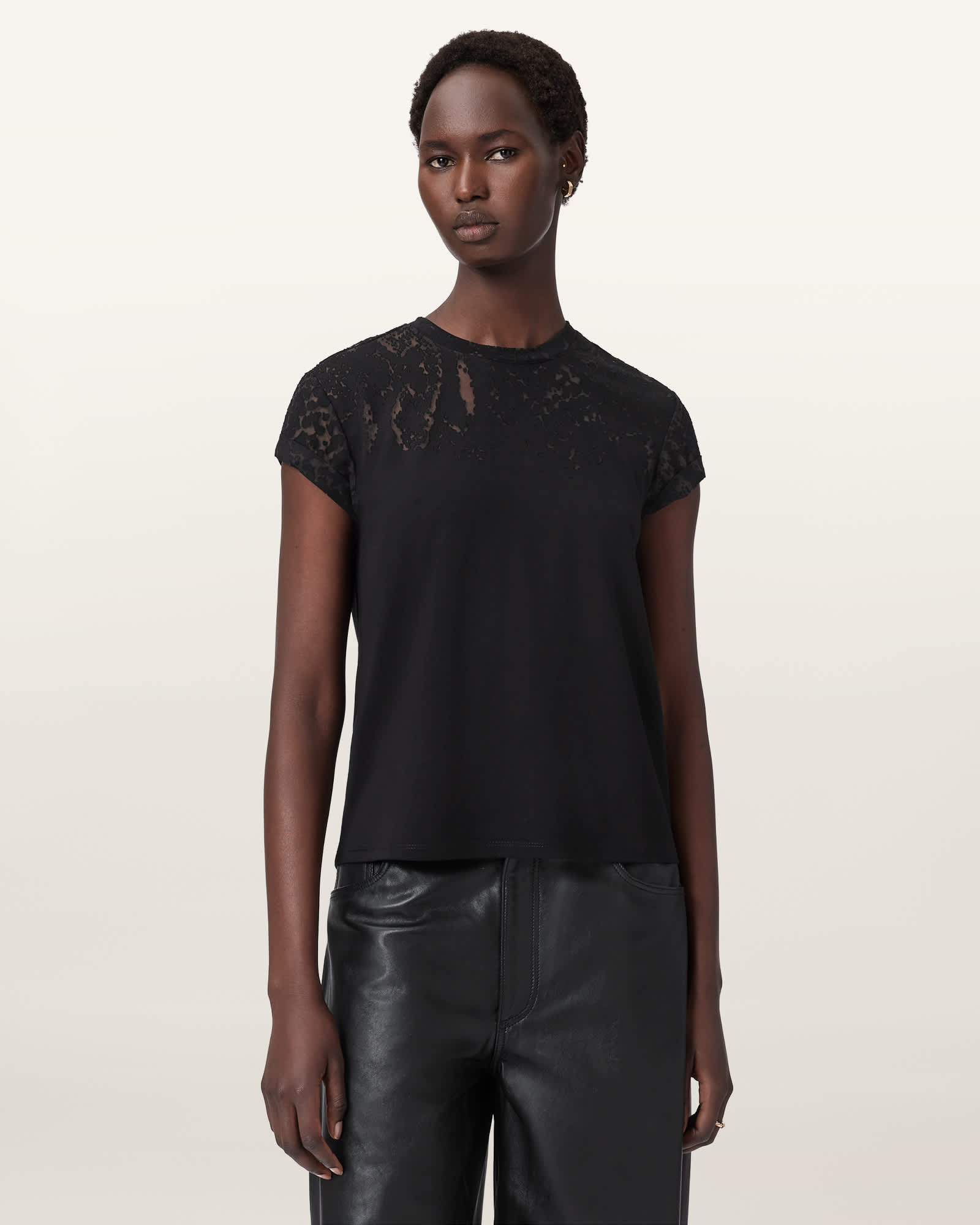 AllSaints Women's Viscose Anna Snake Print Devore T-Shirt, Size: L