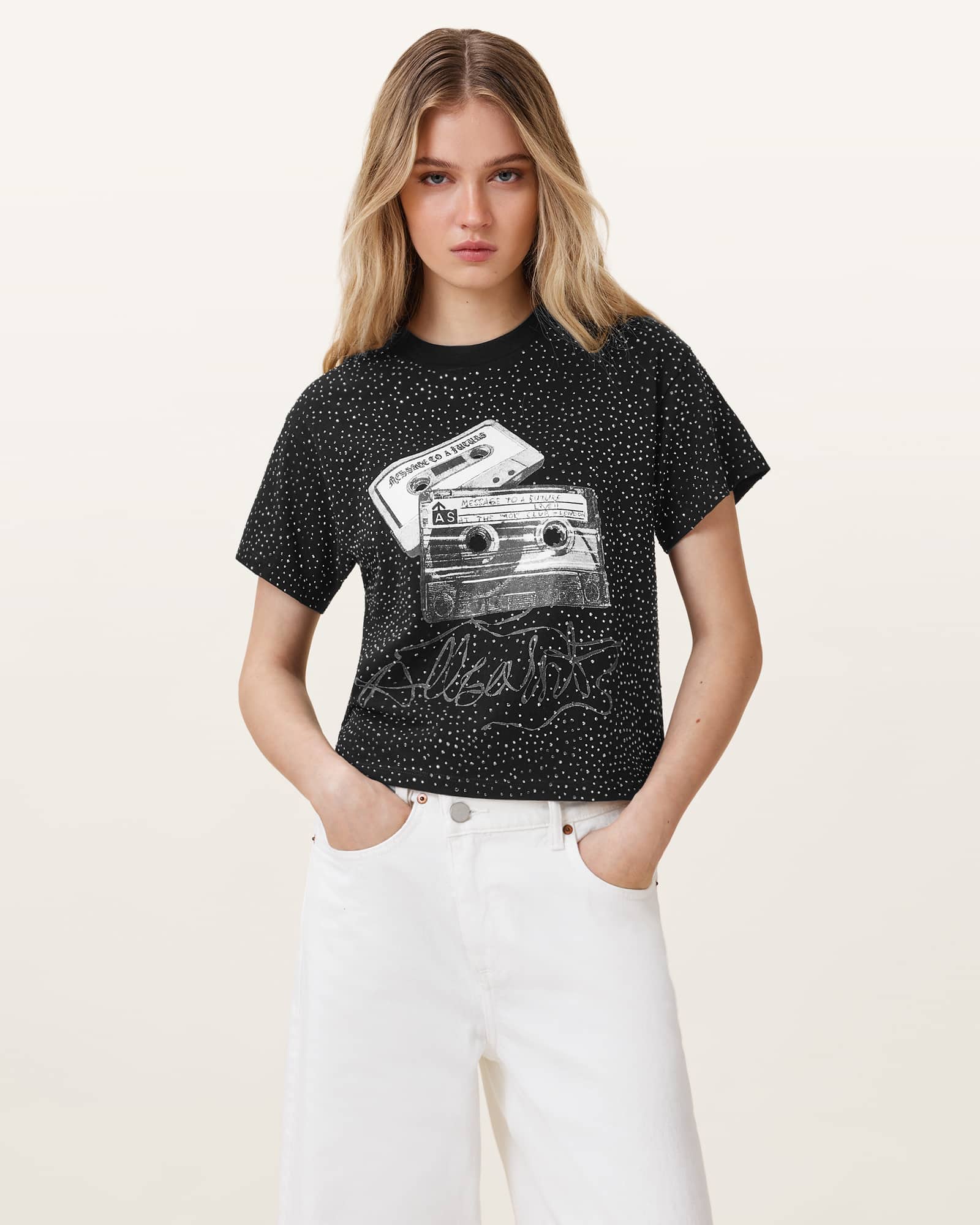 AllSaints Reel Elle Embellished T-Shirt,, Black/White