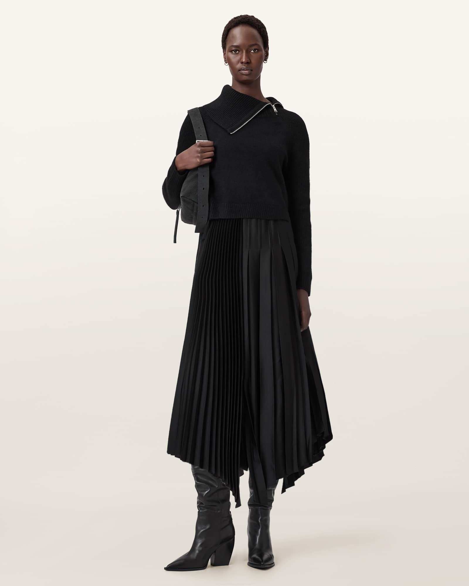AllSaints Jax 2-in-1 Roll Neck Maxi Dress,, Black