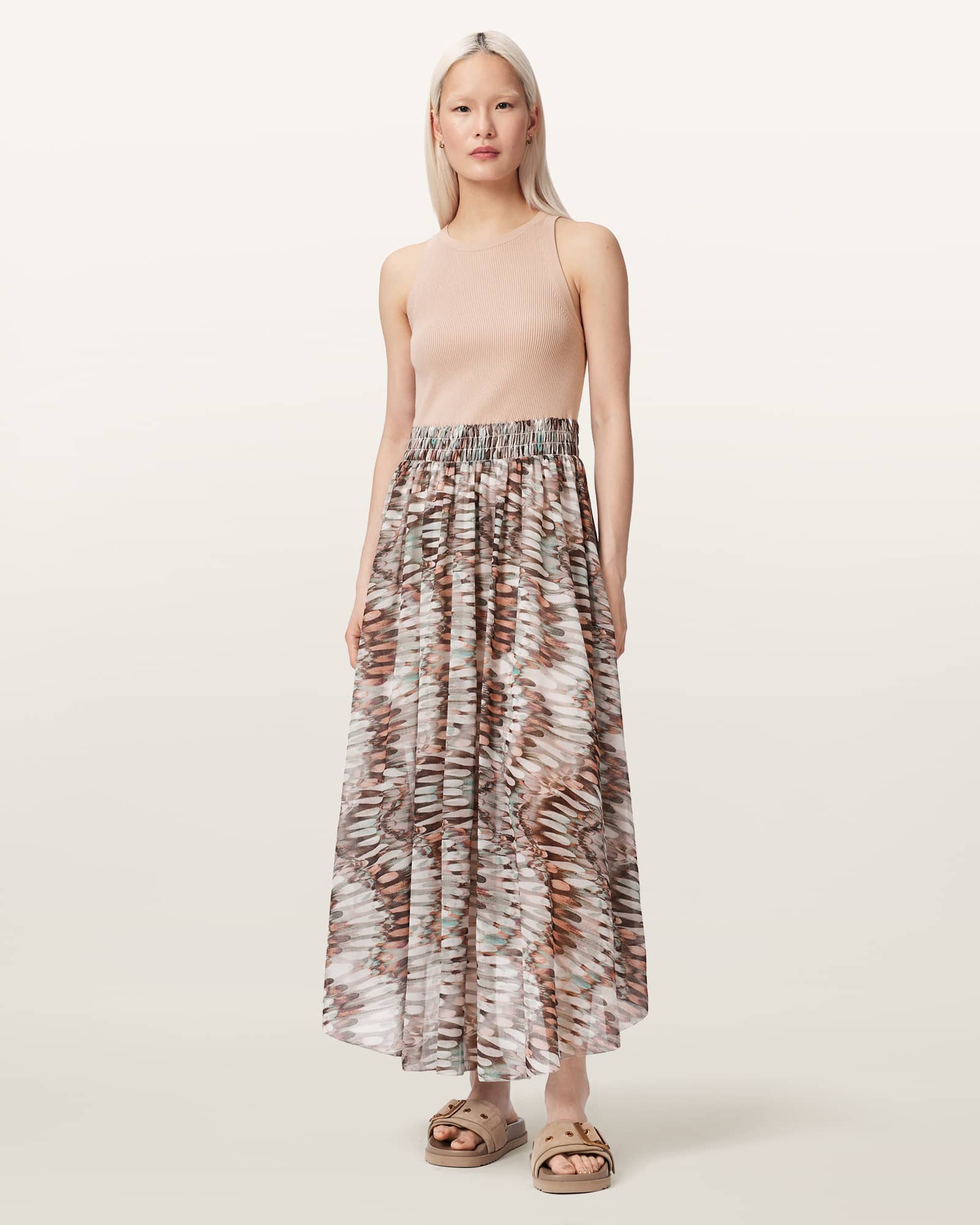 AllSaints Polyester Zenia Sleeveless Knit Woven Midi Dress, Size: S