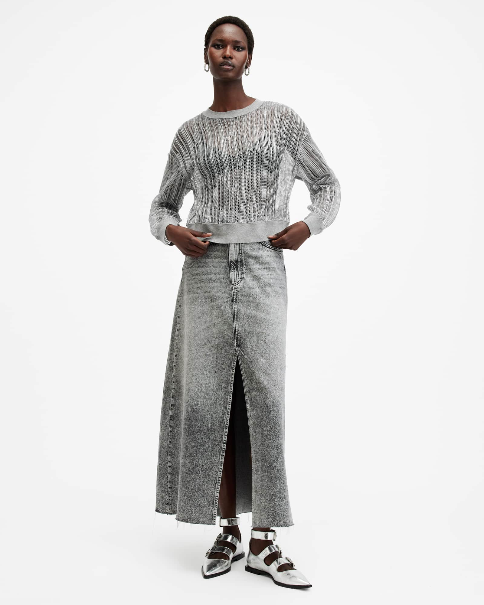 AllSaints Giana Long Sleeve Open Knit Sweatshirt,, Silver