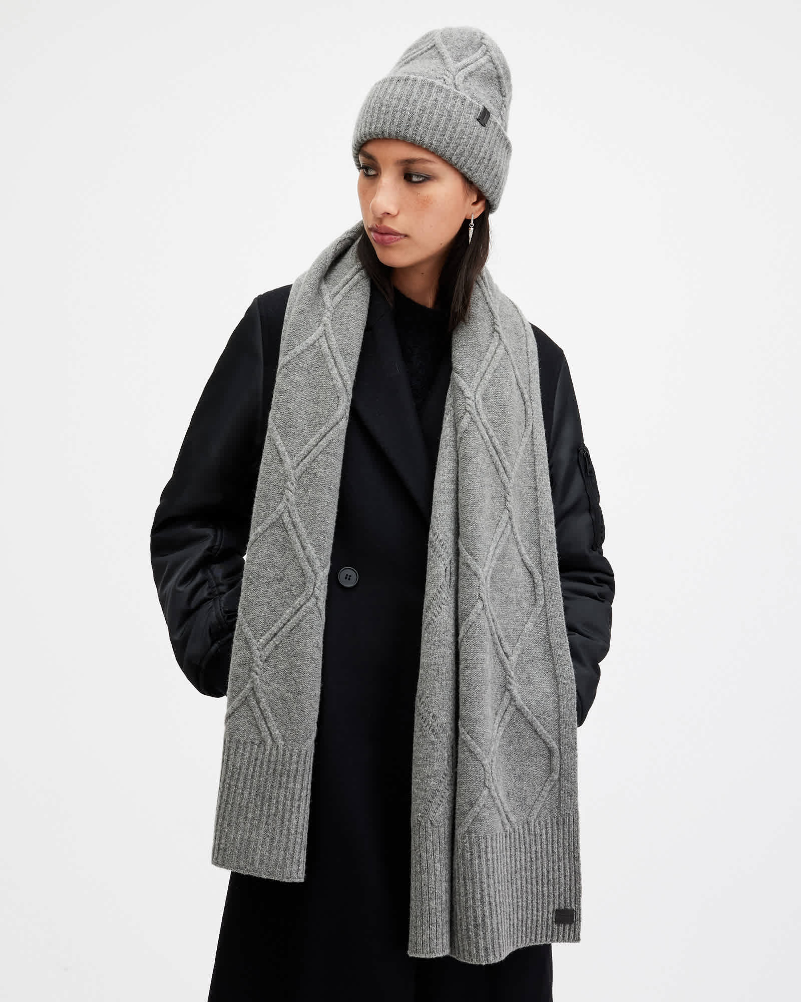 AllSaints Wool Laurie Cable Knit Brushed Scarf