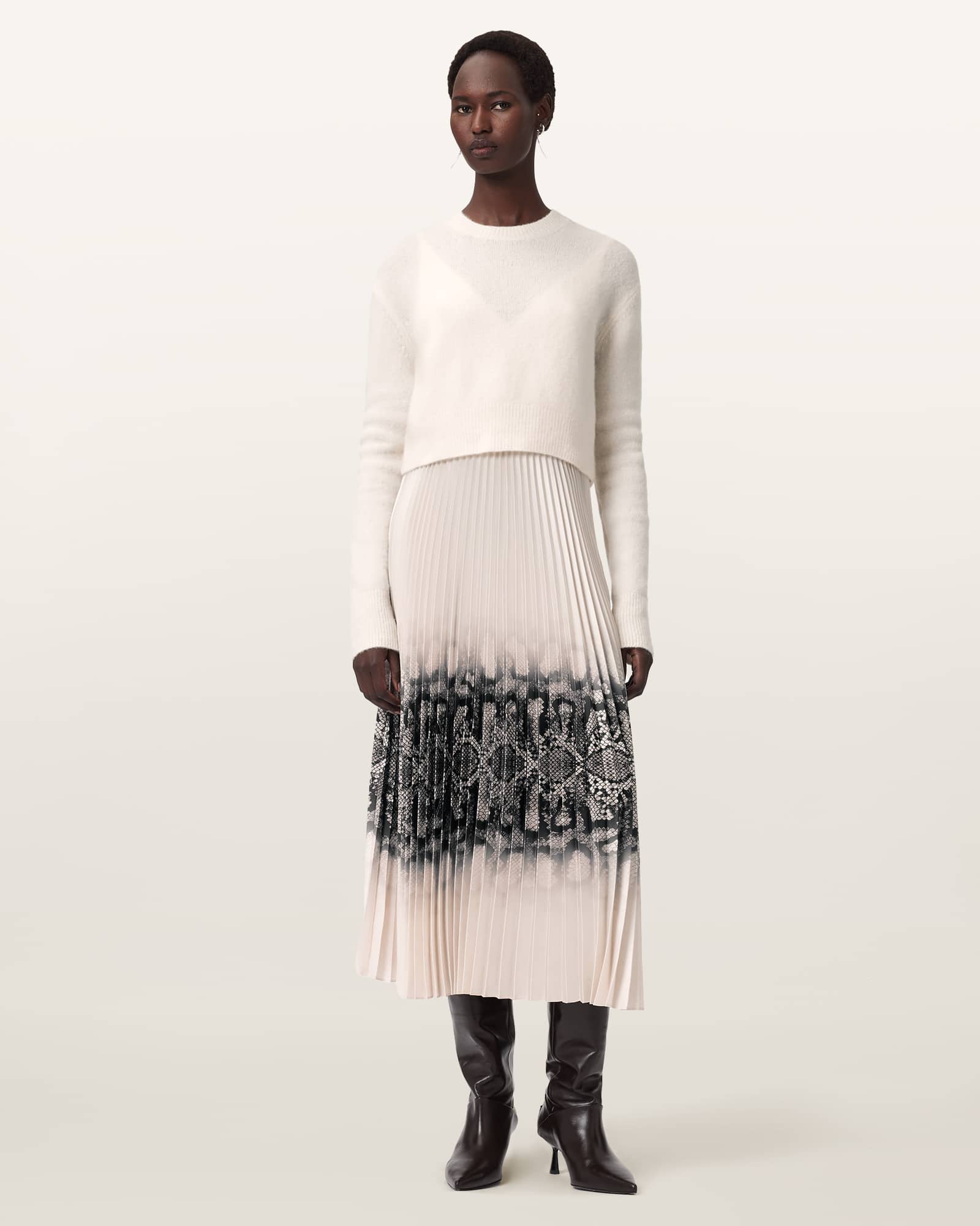 Allsaints Womens Curtis Ophis Two-in-one Snake Print Stretch-woven Midi Dress Chalk White In White