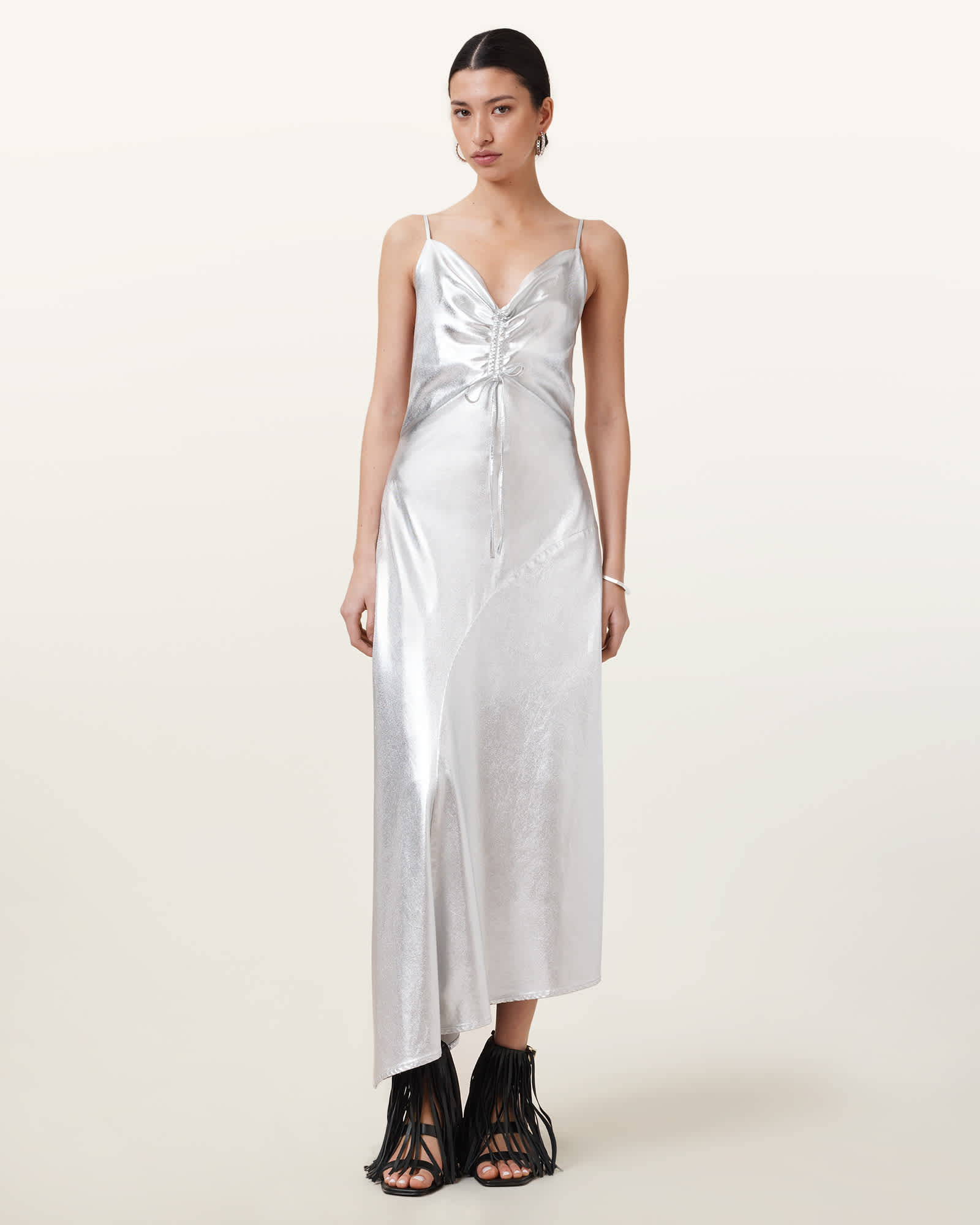 AllSaints Alexia V-Neck Metallic Midi Slip Dress,, Metallic Silver
