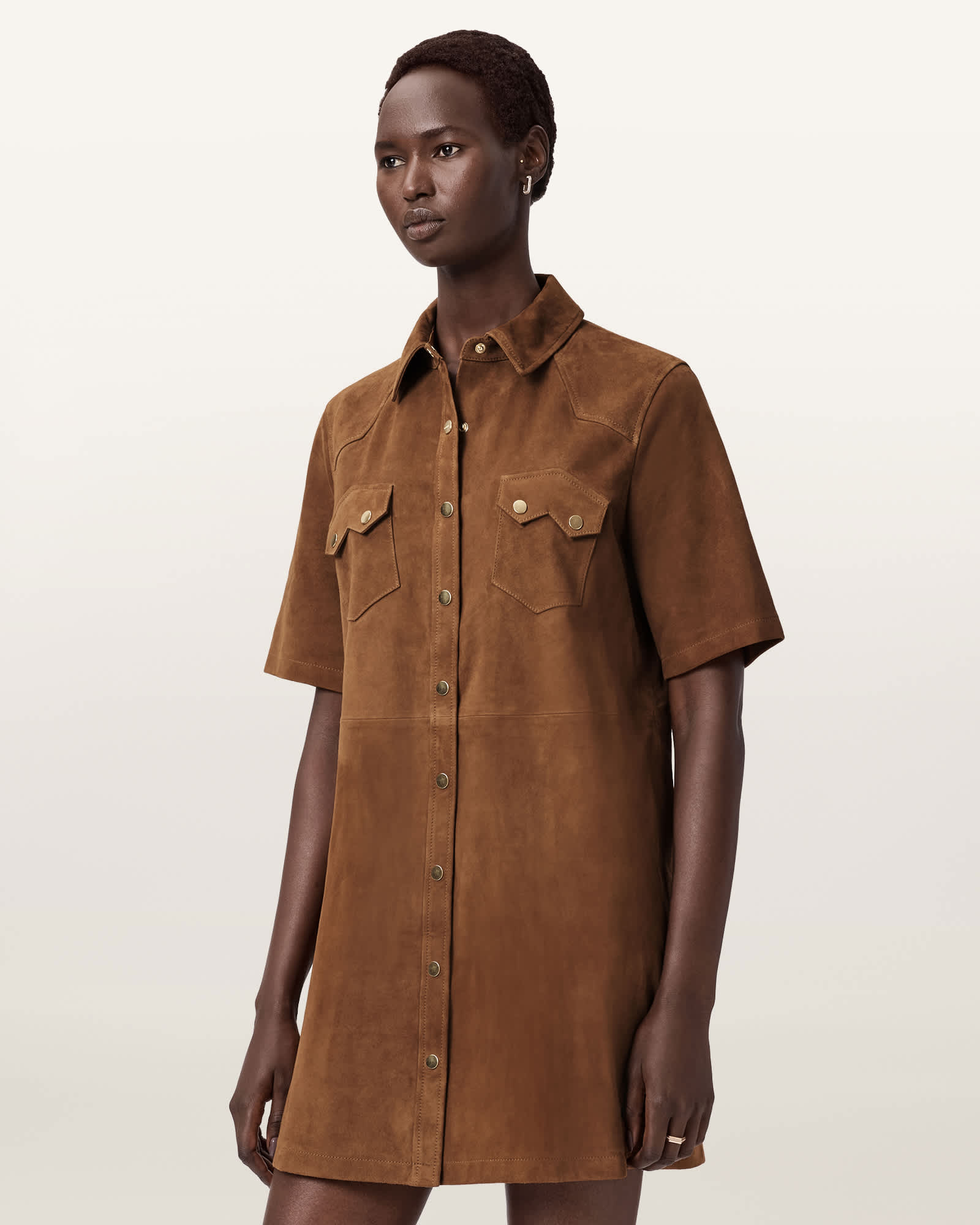 Allsaints Rock Suede Mini Shirt Dress In Brown