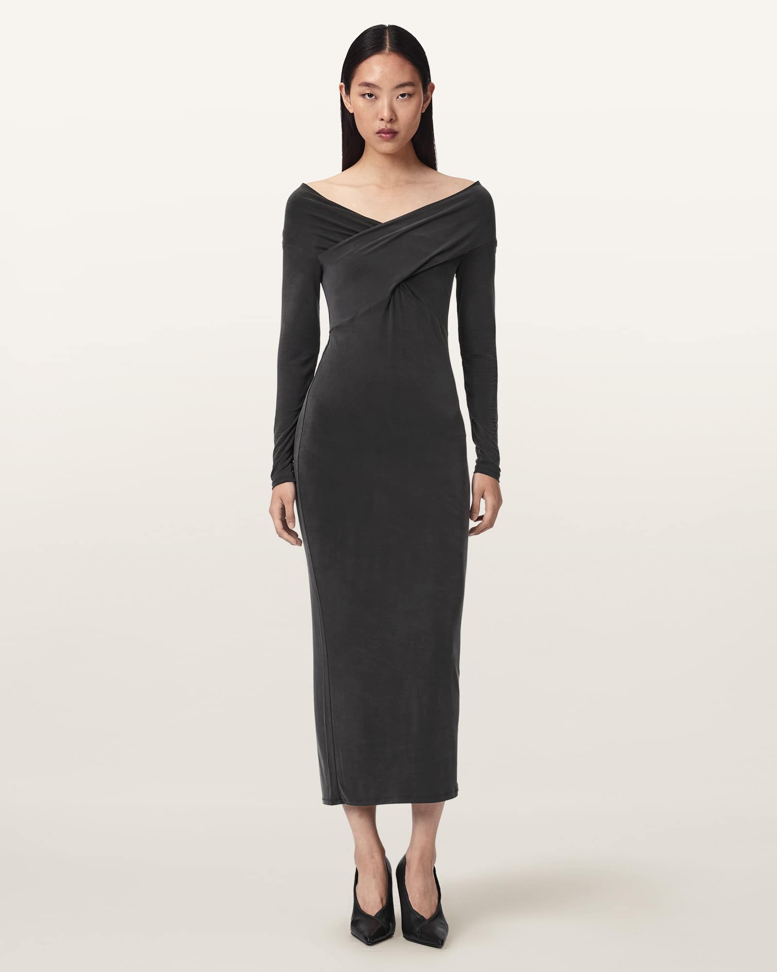 Allsaints Women's Black Delta Curpo Blend Bodycon Midi Dress - Size  16