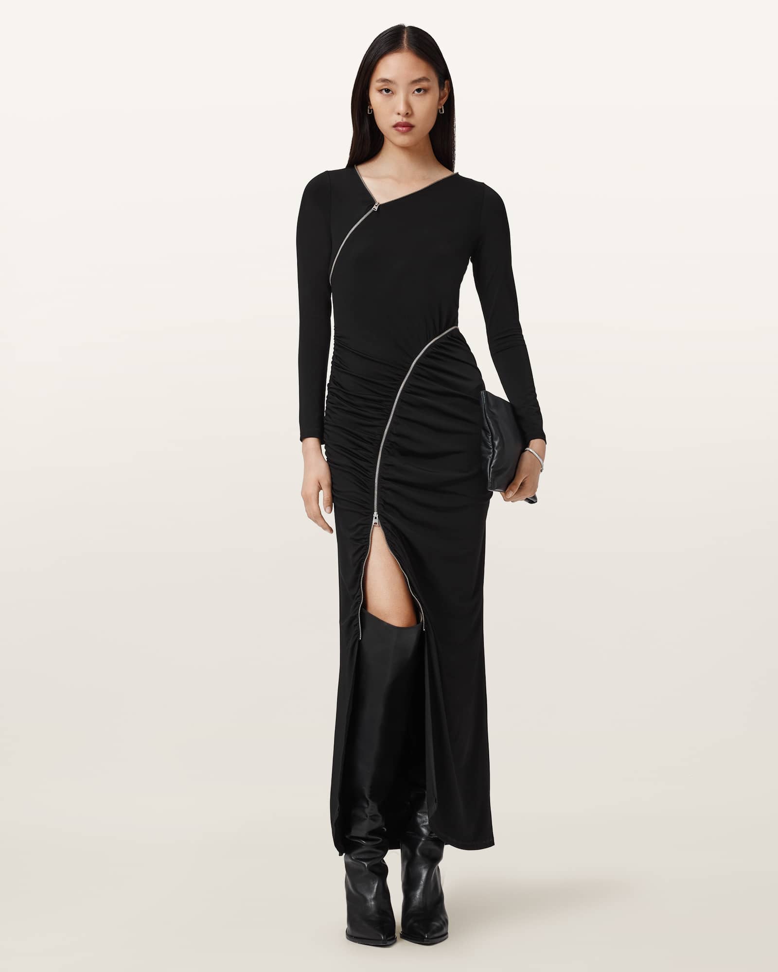 Allsaints Elsie Zipper Long Sleeve Body-con Maxi Dress In Black