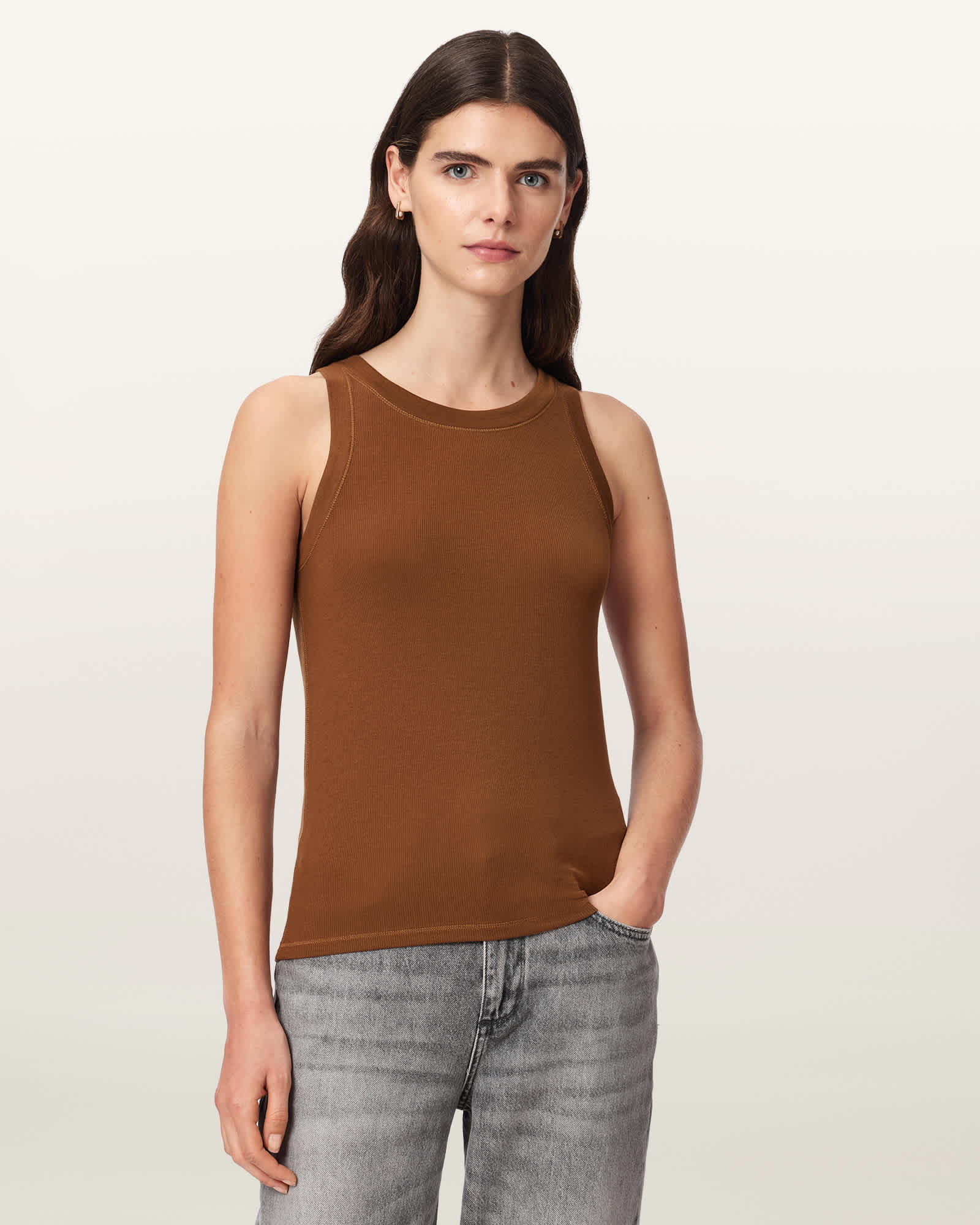 Allsaints Women's Brown Rina Crew Neck Sleeveless Tank Top - Size  L