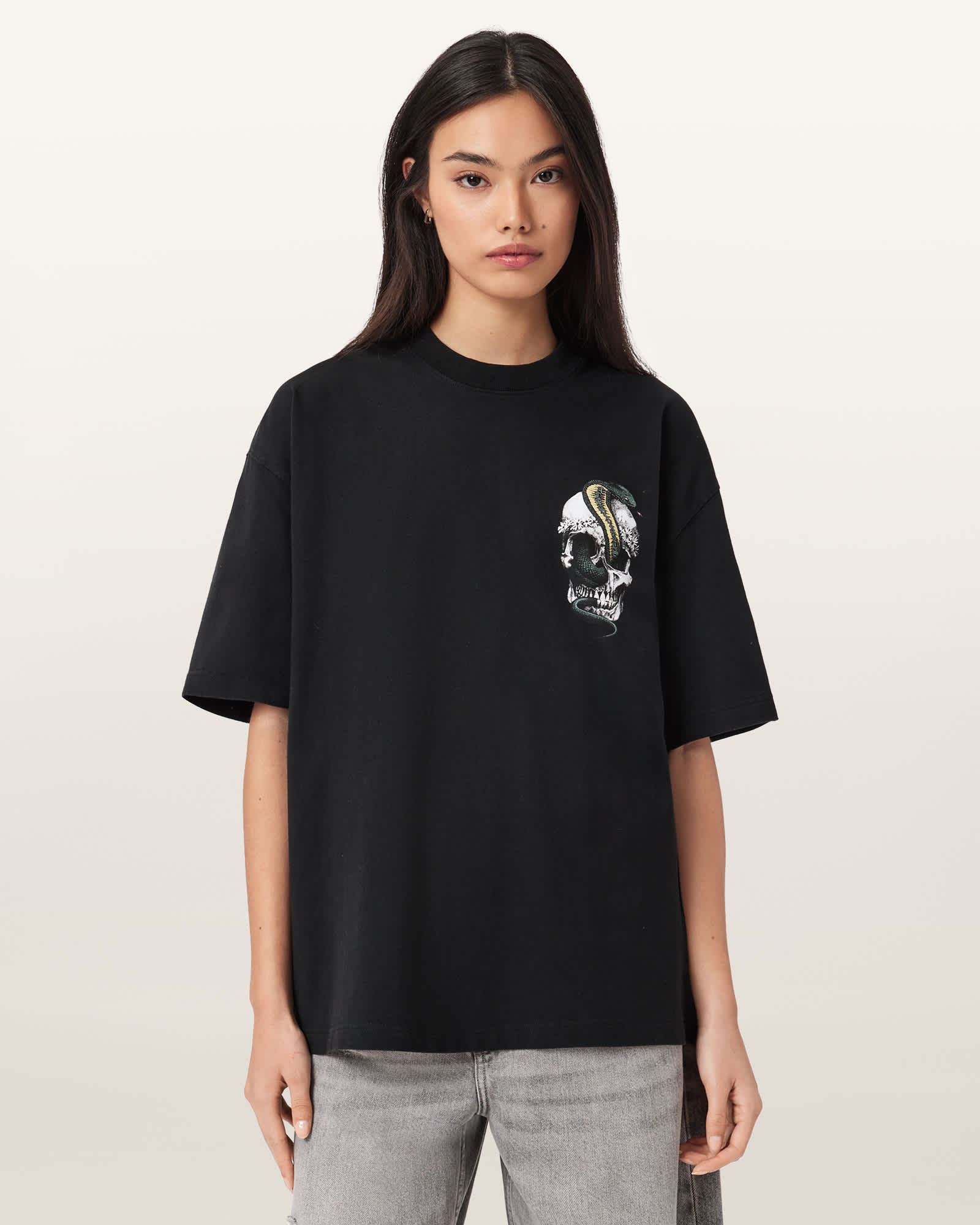 AllSaints Snakehead Oversized Etta T-Shirt,, Black
