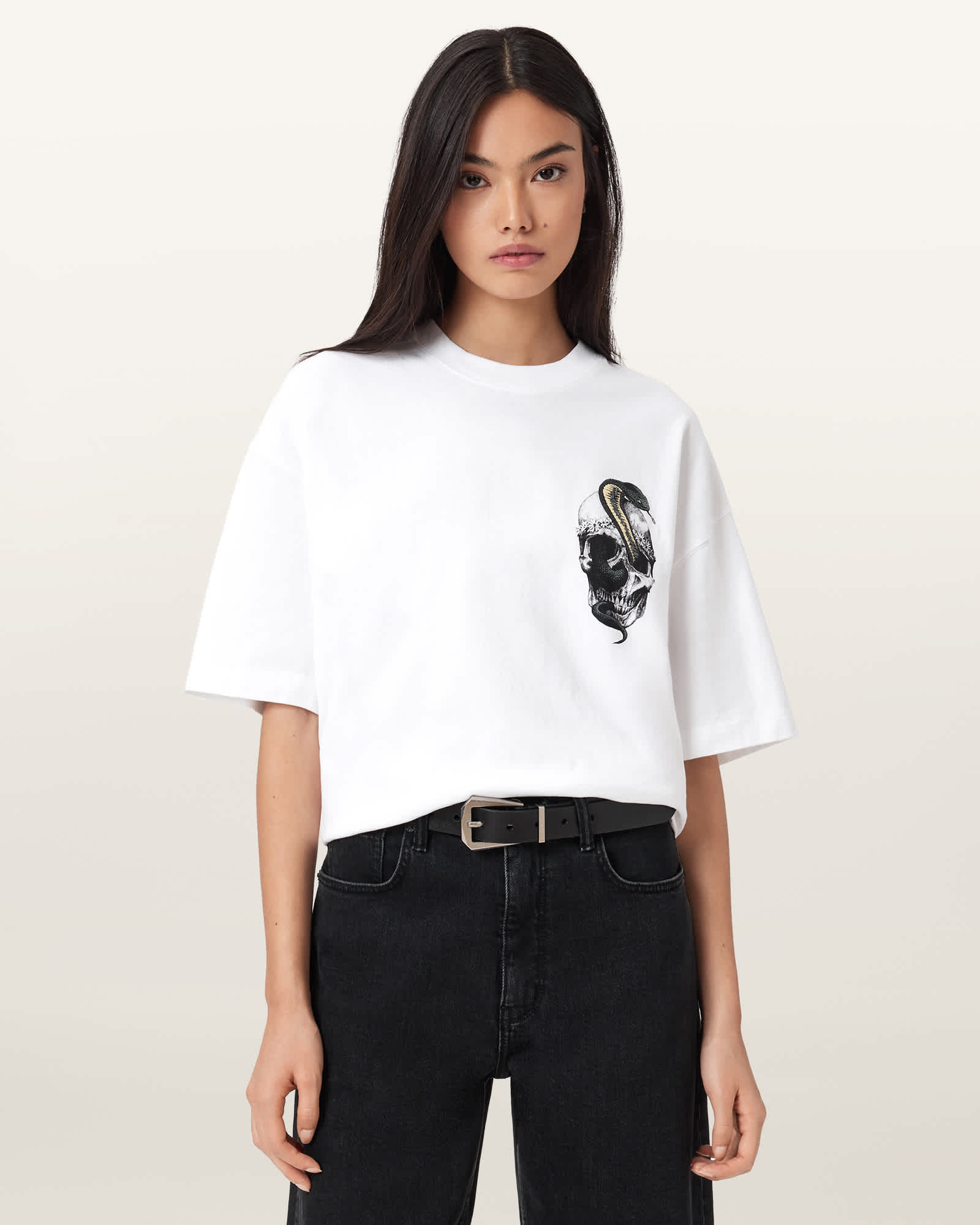 AllSaints Snakehead Oversized Etta T-Shirt,, Chalk White
