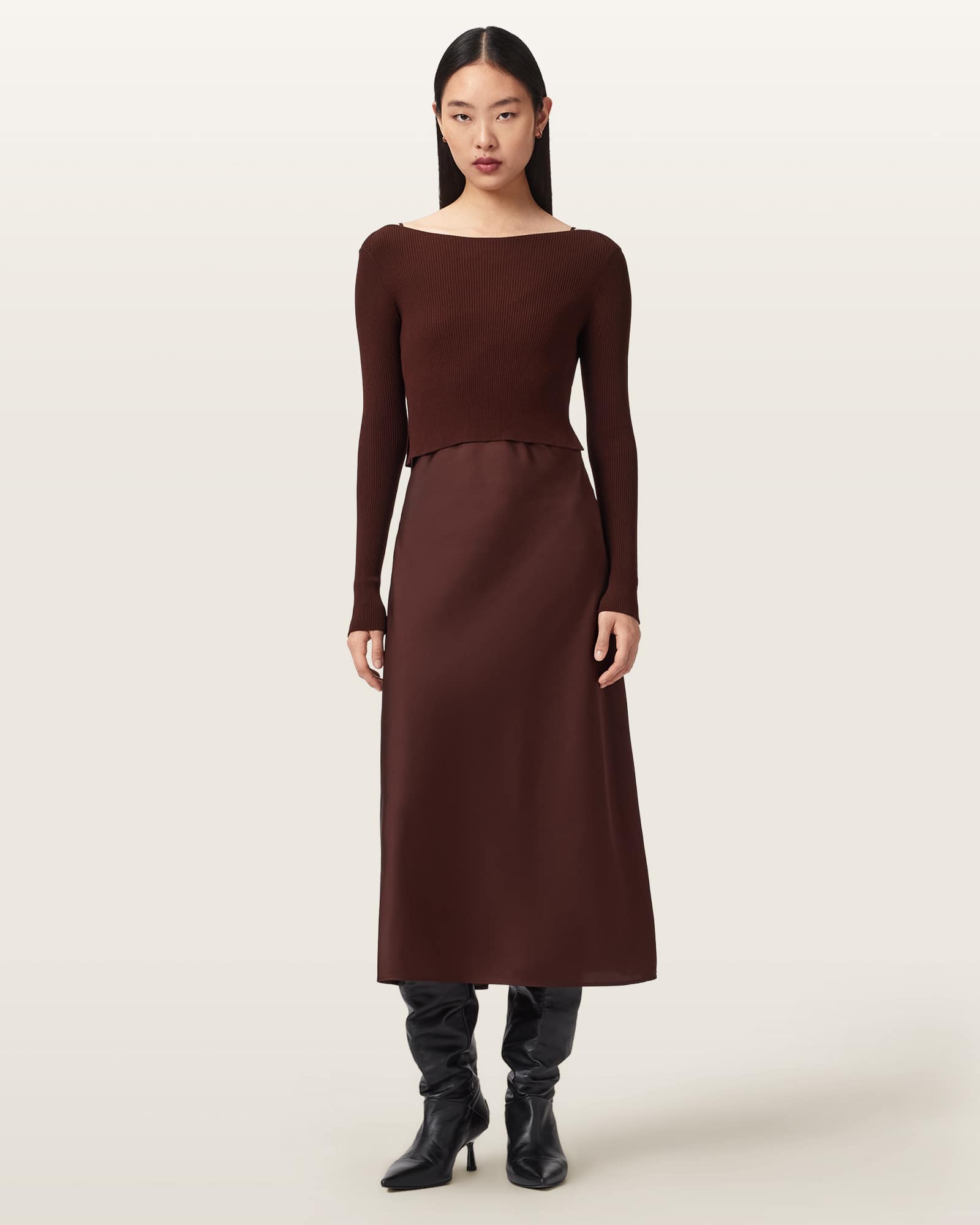 Allsaints Hera 2-in-1 Midi Dress In Burgundy