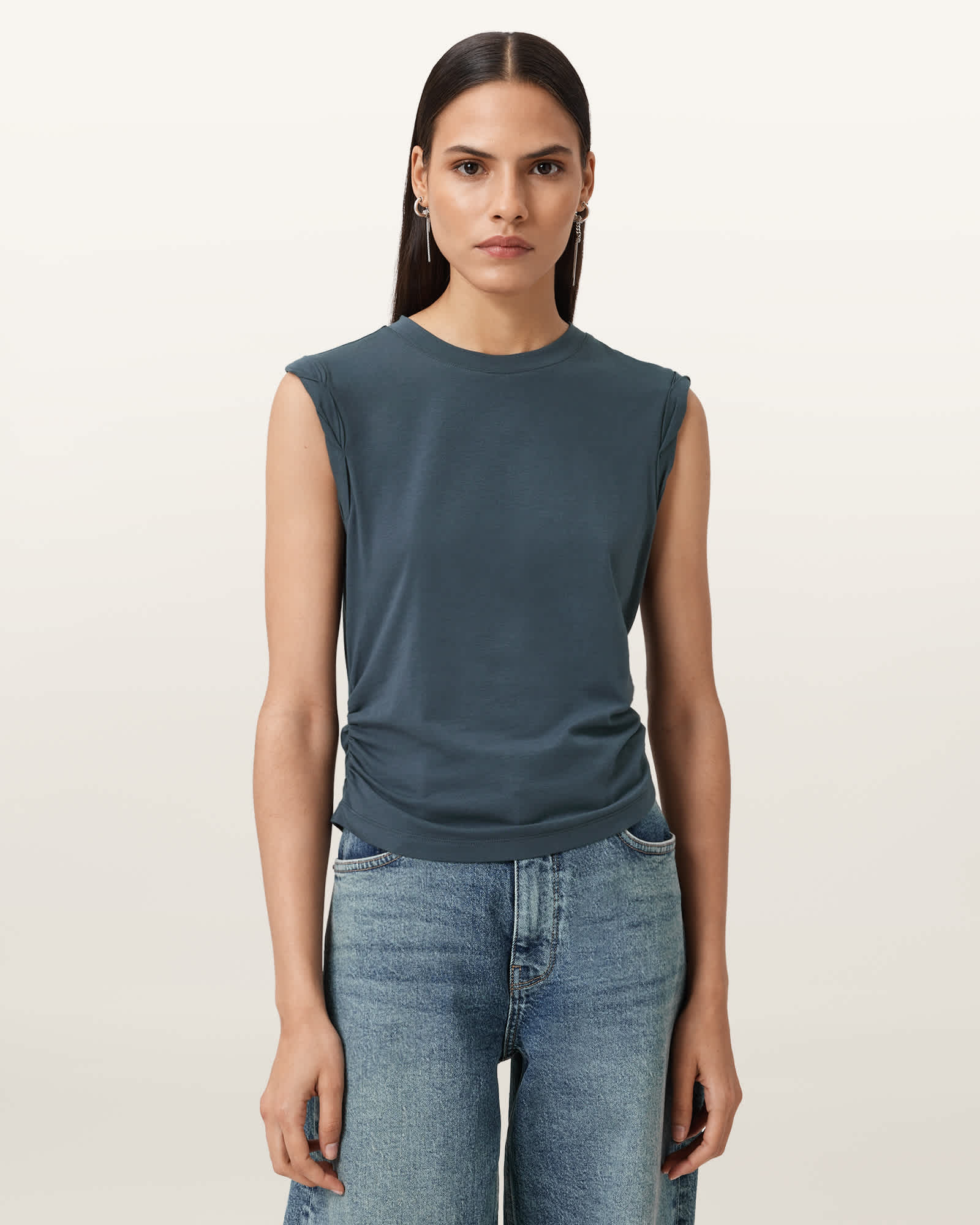 Allsaints Womens Dark Slate Blu West Ruched Stretch Cotton-blend Top In Blue