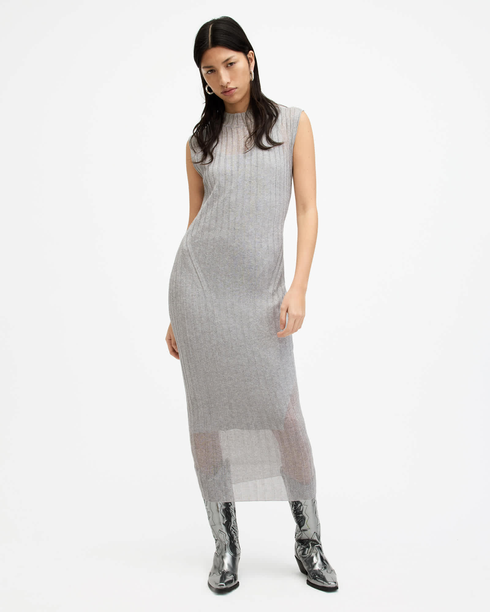 AllSaints Women's Viscose Patrice 2-In-1 Ribbed Midi Dress, Size: XS