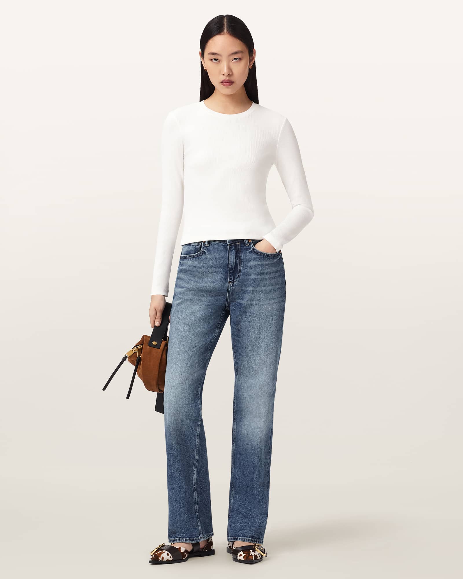 AllSaints Elena Long Sleeve Cotton T-Shirt,, Chalk White