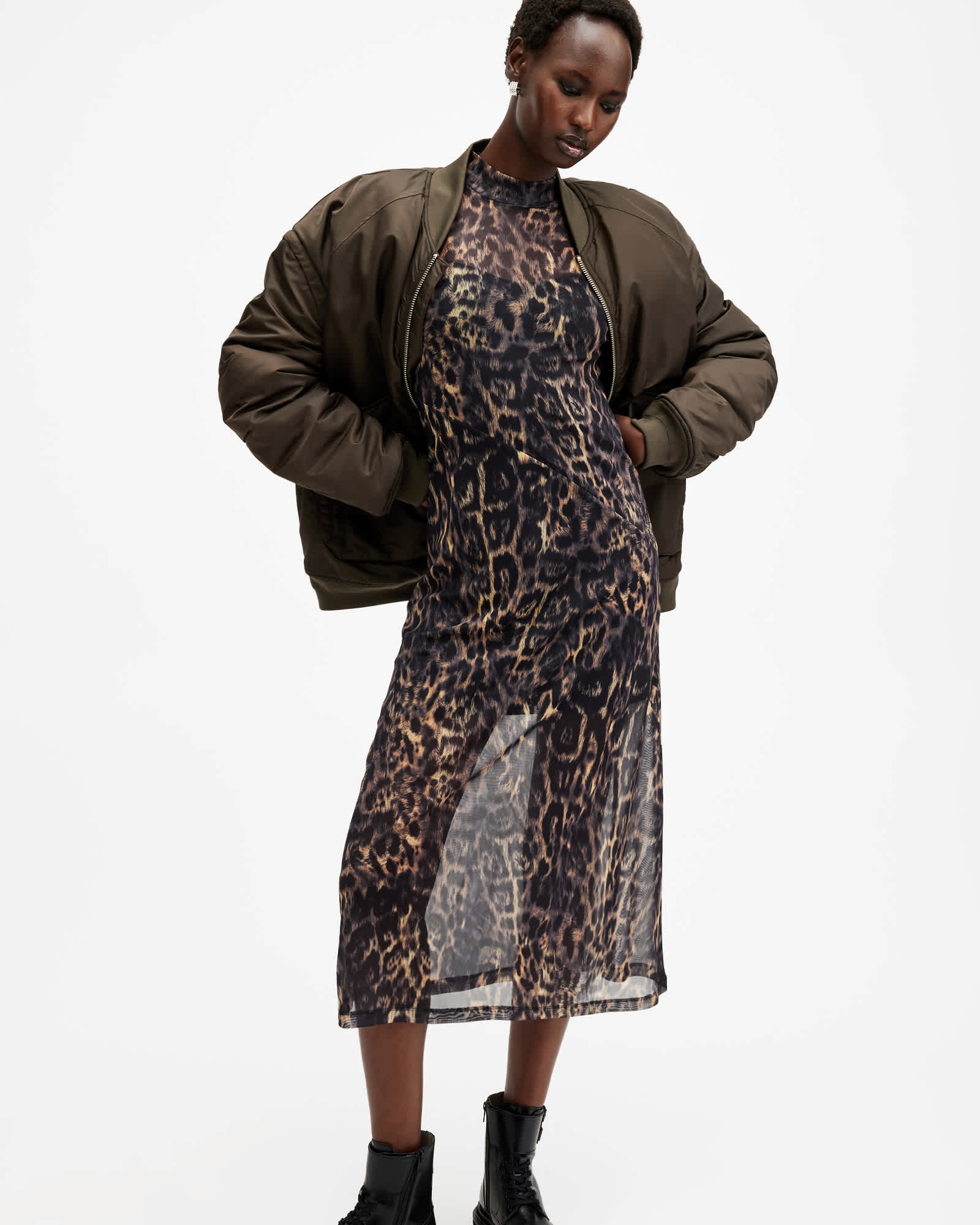 AllSaints Hanna Mesh Animal Print Midi Dress