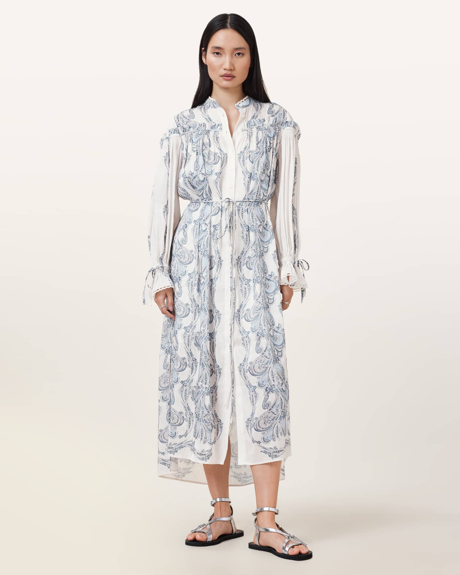 AllSaints Linen Delphine Floral Print Midi Shirt Dress