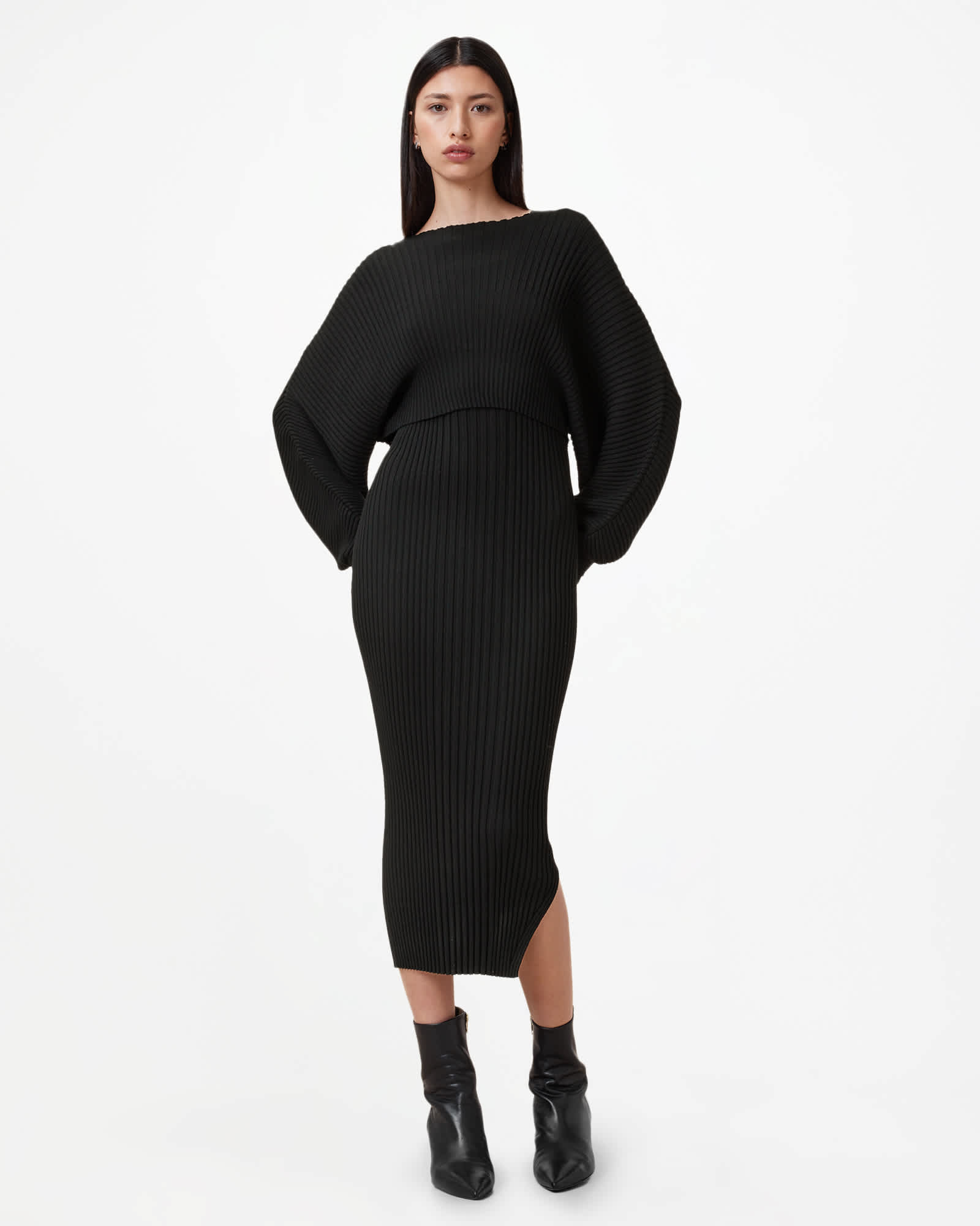 AllSaints Minori 2-In-1 Ribbed Midi Dress,, Black