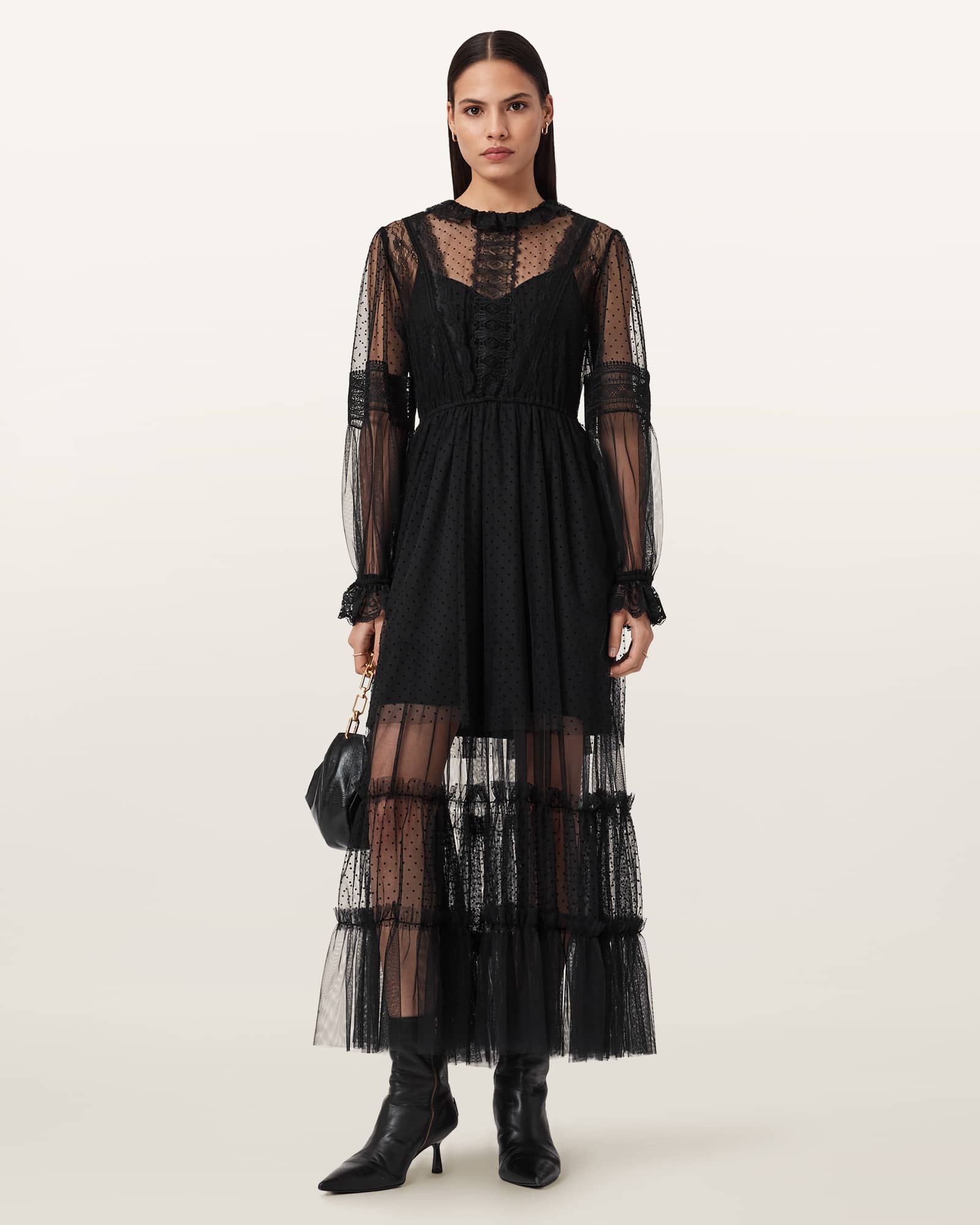 AllSaints Nita Mesh Maxi Dress,, Black