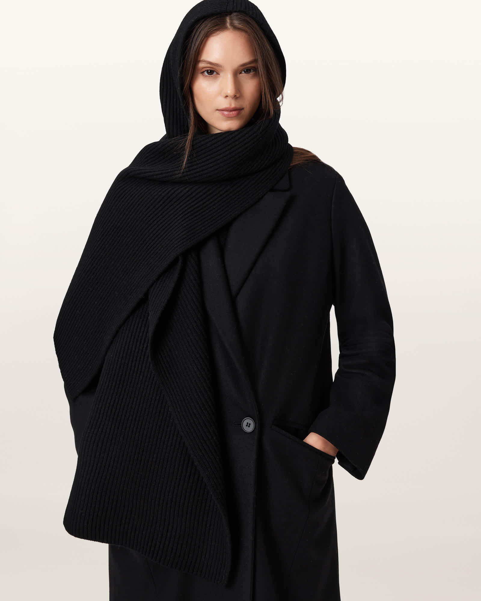 AllSaints Wool Wren Hooded Wool Scarf