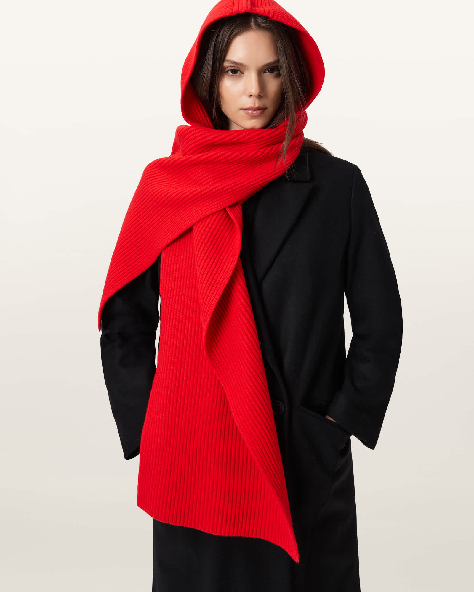AllSaints Wren Wool Hooded Scarf,, Crimson Red