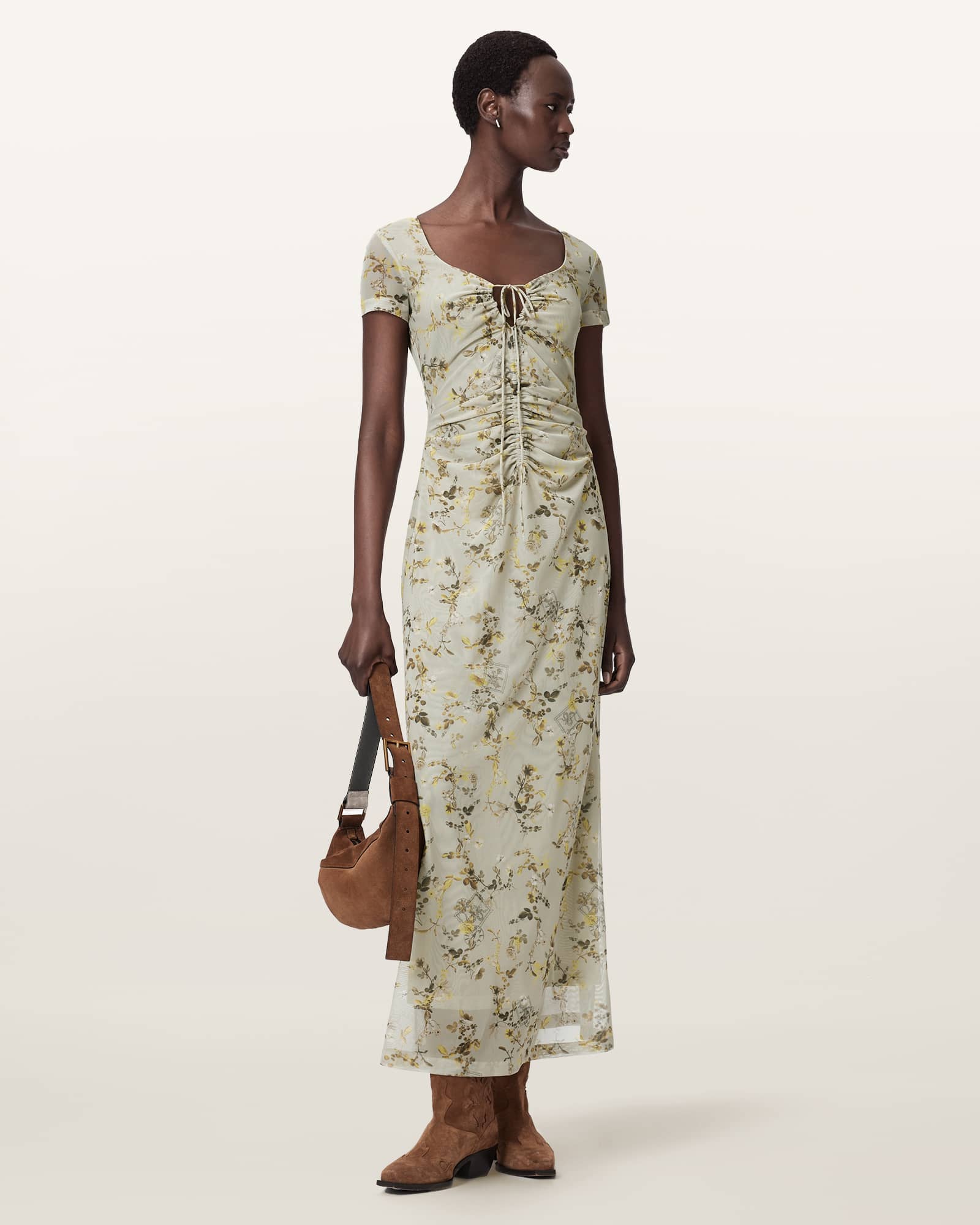 AllSaints Polyester Gabby Floral Print Mesh Maxi Dress, Size: UK 8/US 4