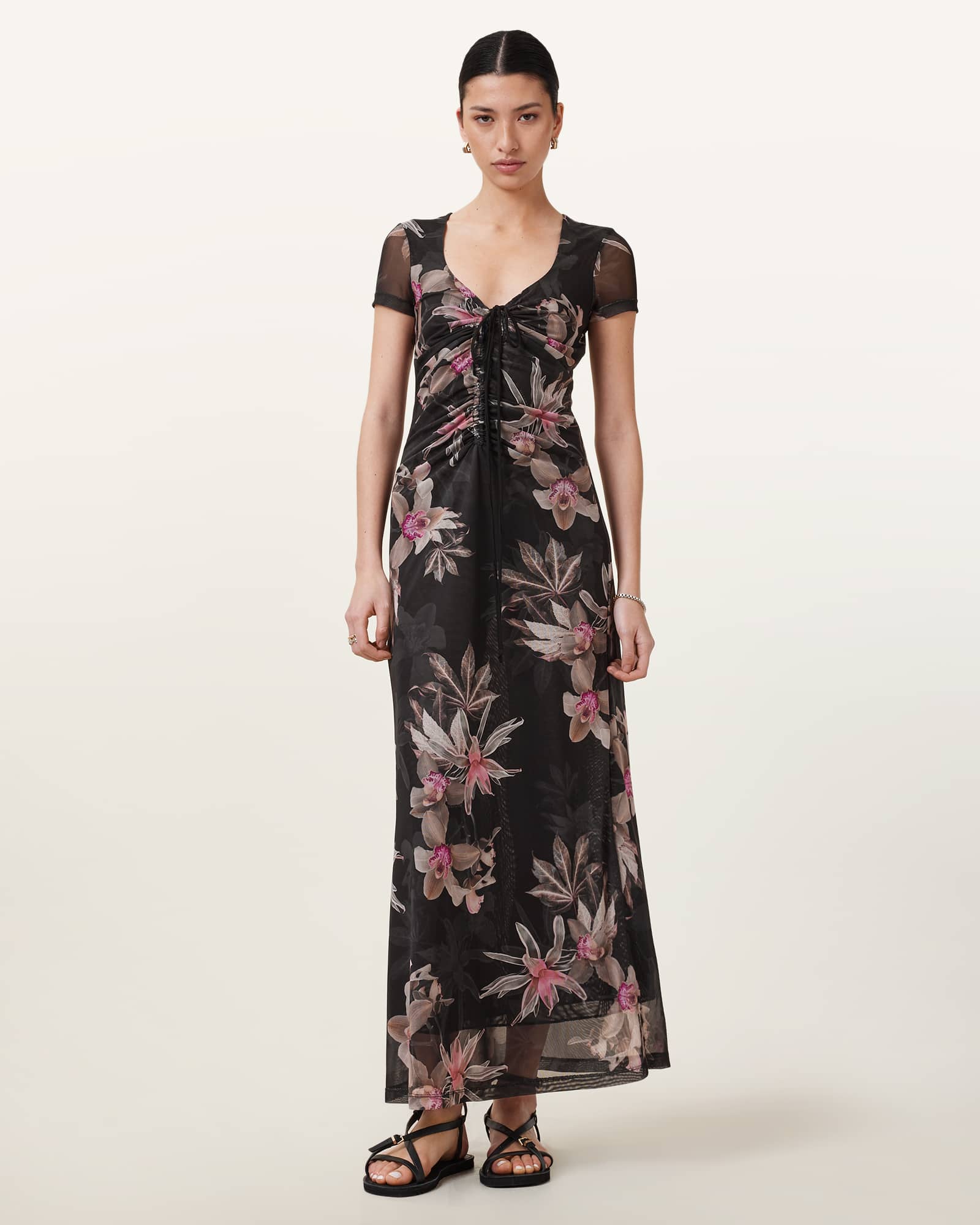 AllSaints Gabby Floral Print Mesh Maxi Dress