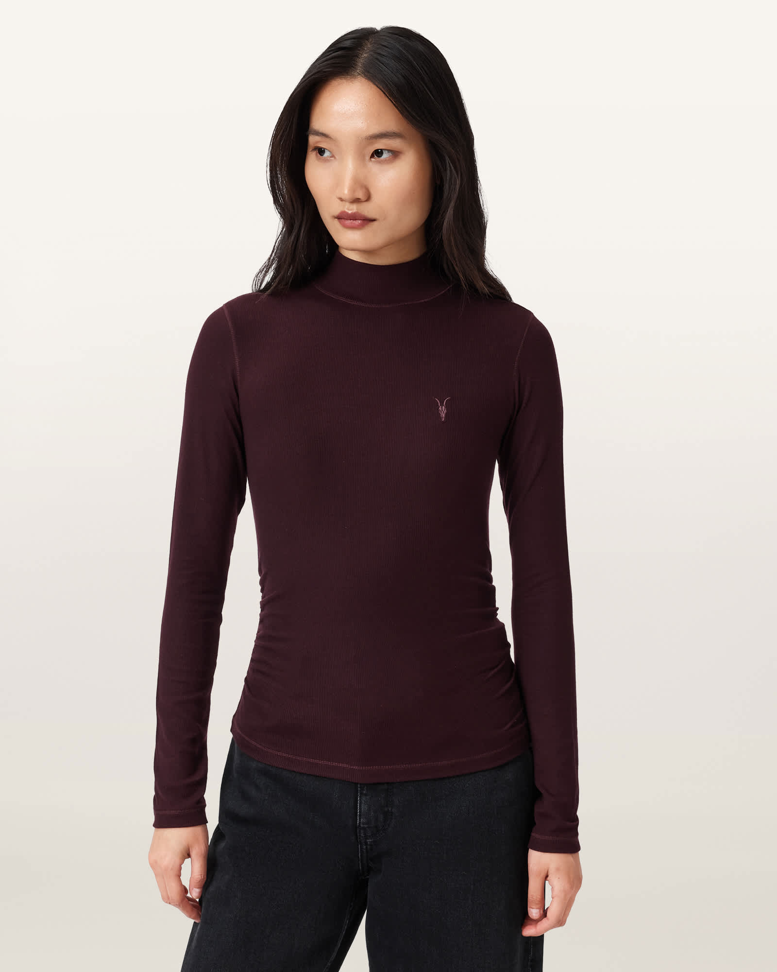 Allsaints Rina Long Sleeve Roll Neck T-shirt In Burgundy