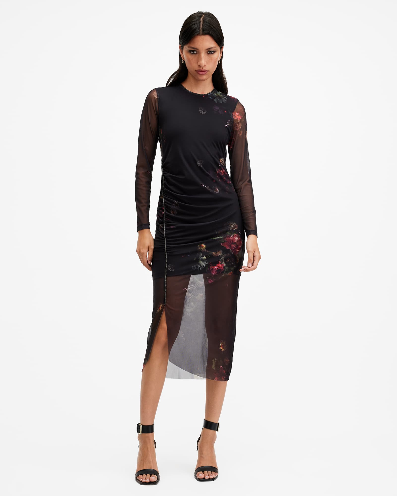 AllSaints Nora Ruched Sparkle Midi Dress