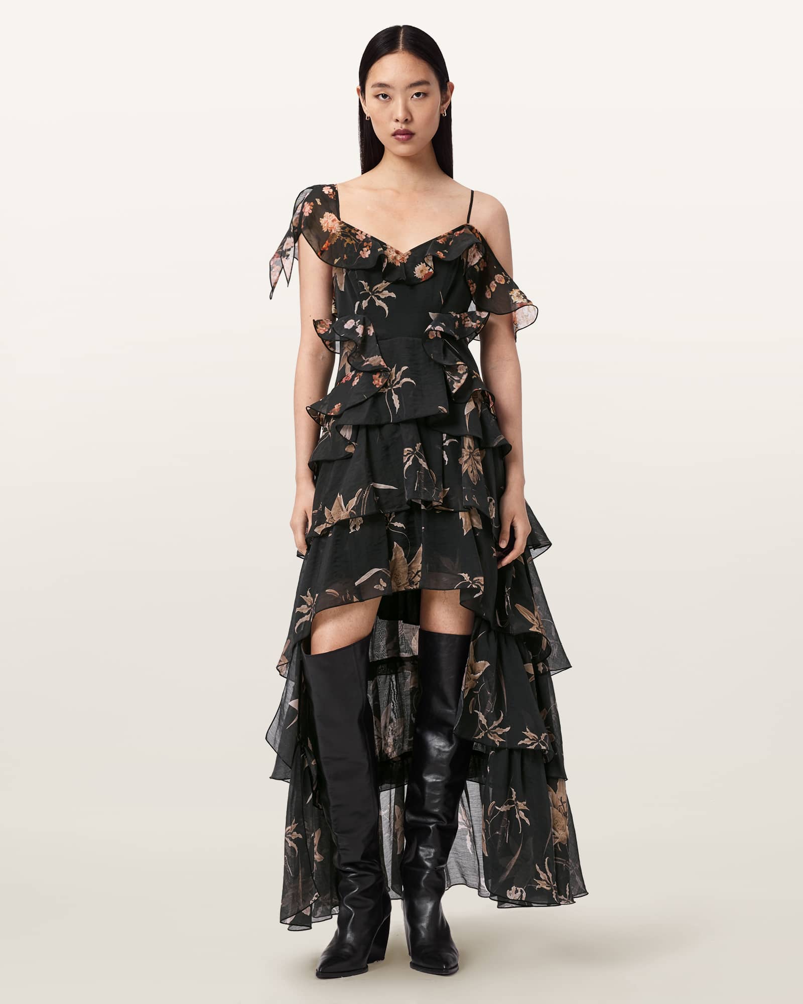 AllSaints Sienna Ruffle Maxi Dress,, Petra Sepia Brown