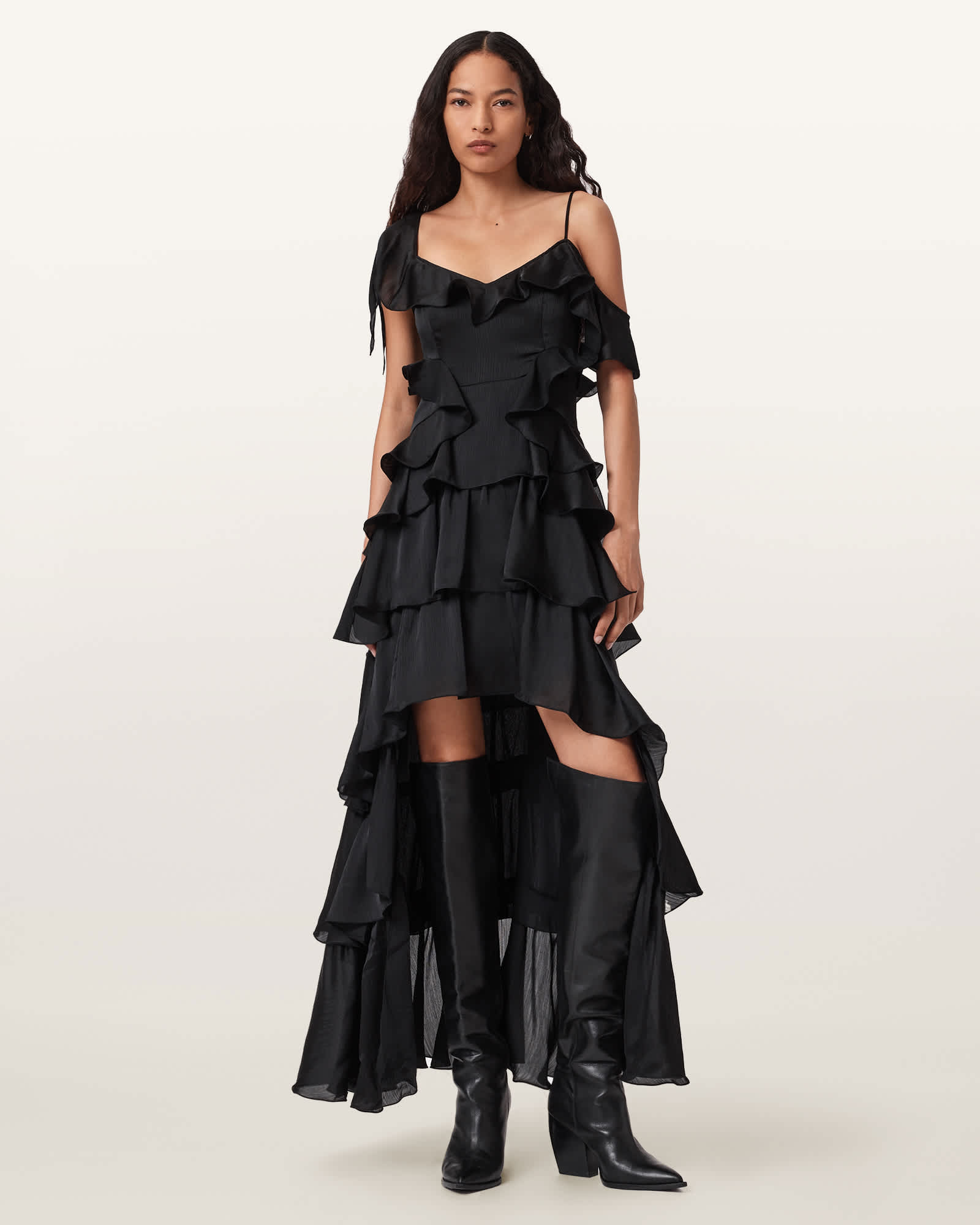 AllSaints Sienna Ruffle Maxi Dress,, Black