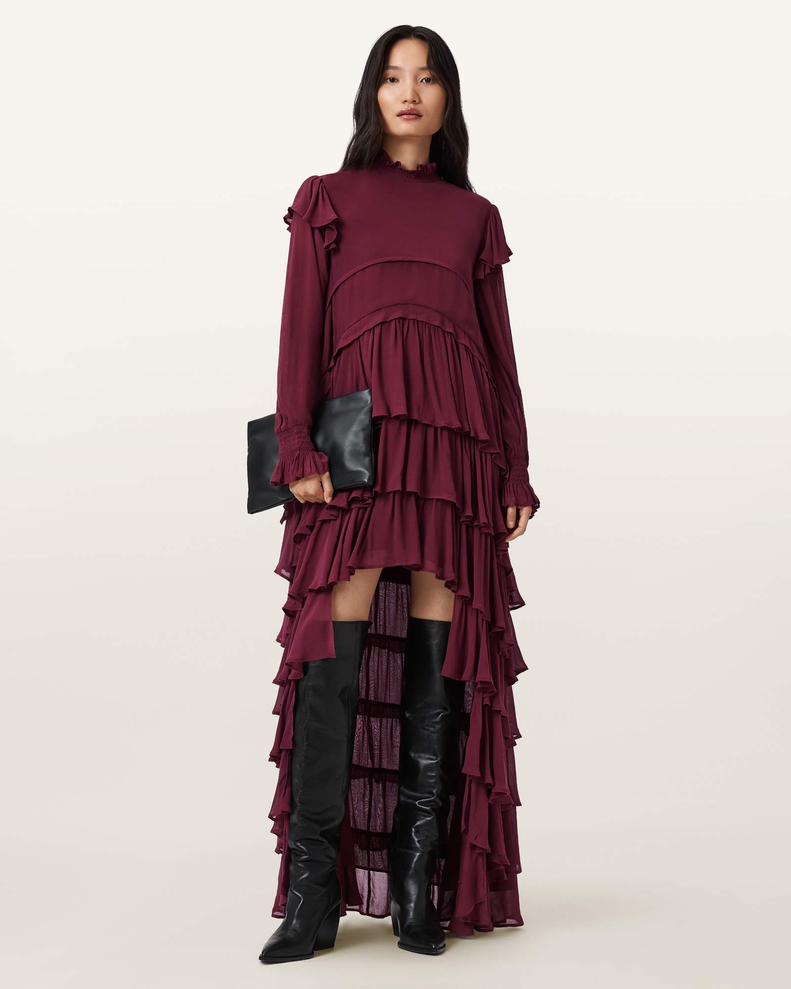 Allsaints Main: 100% Viscose; Body Lining: 100% Polyester Cavarly Tiered Ruffle Maxi Dress In Burgundy