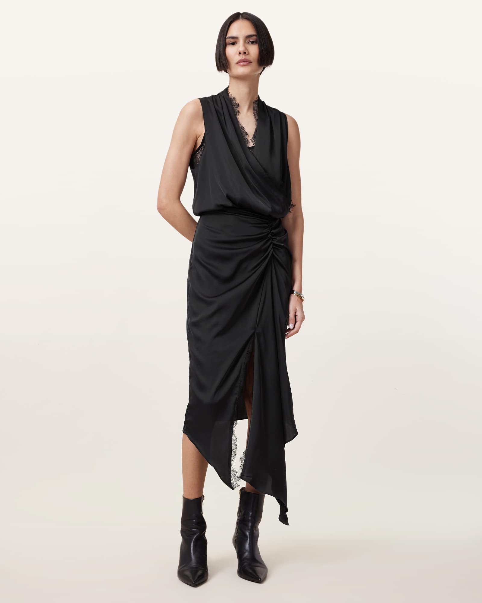 Allsaints Women's Abi Lace Trim Draped Midi Dress - Size  6