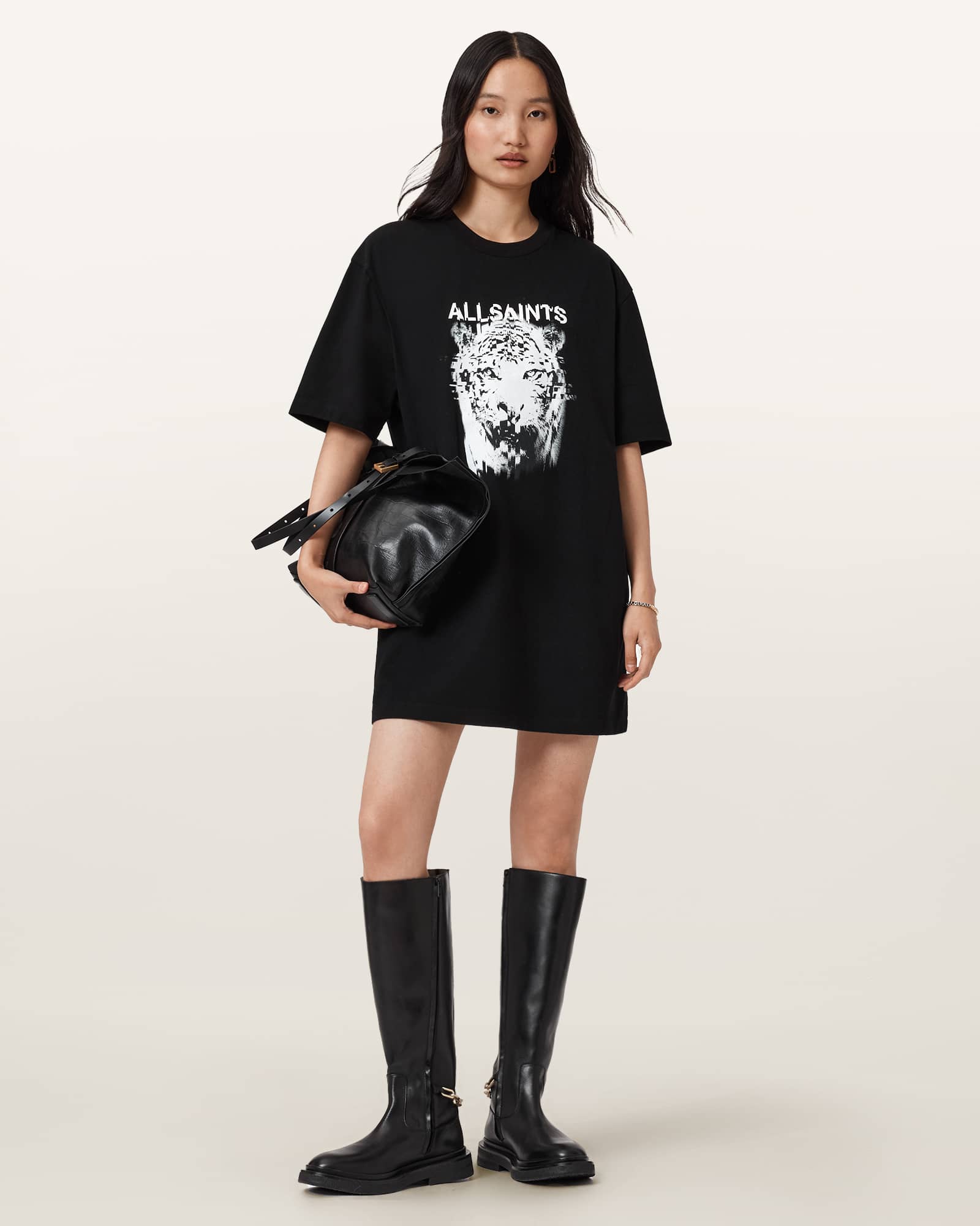 Allsaints Static Graphic Print Cotton T-shirt Dress In Black