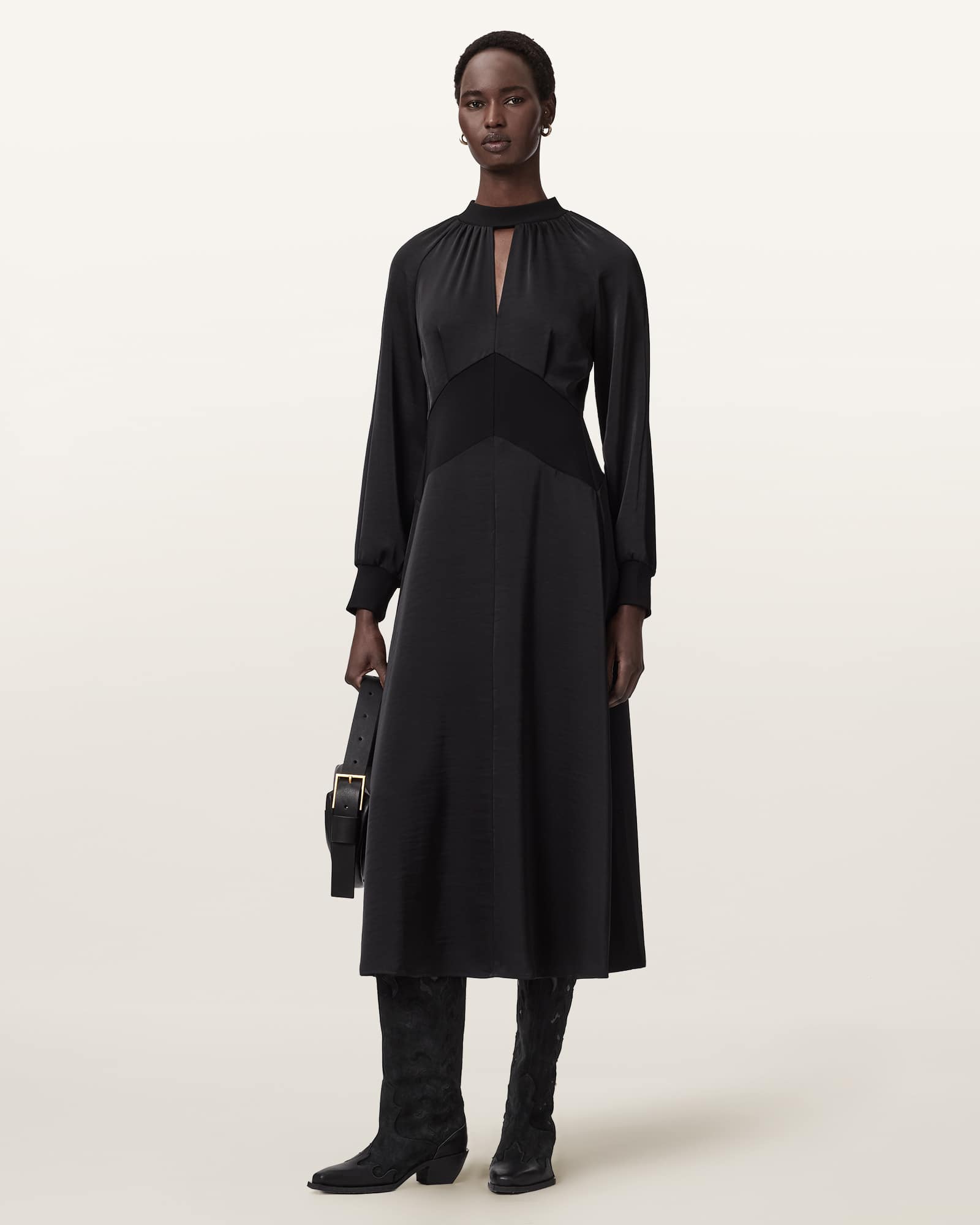 AllSaints Polyester Roya Ribbed Trim Midi Dress, Size: UK 16/US 12