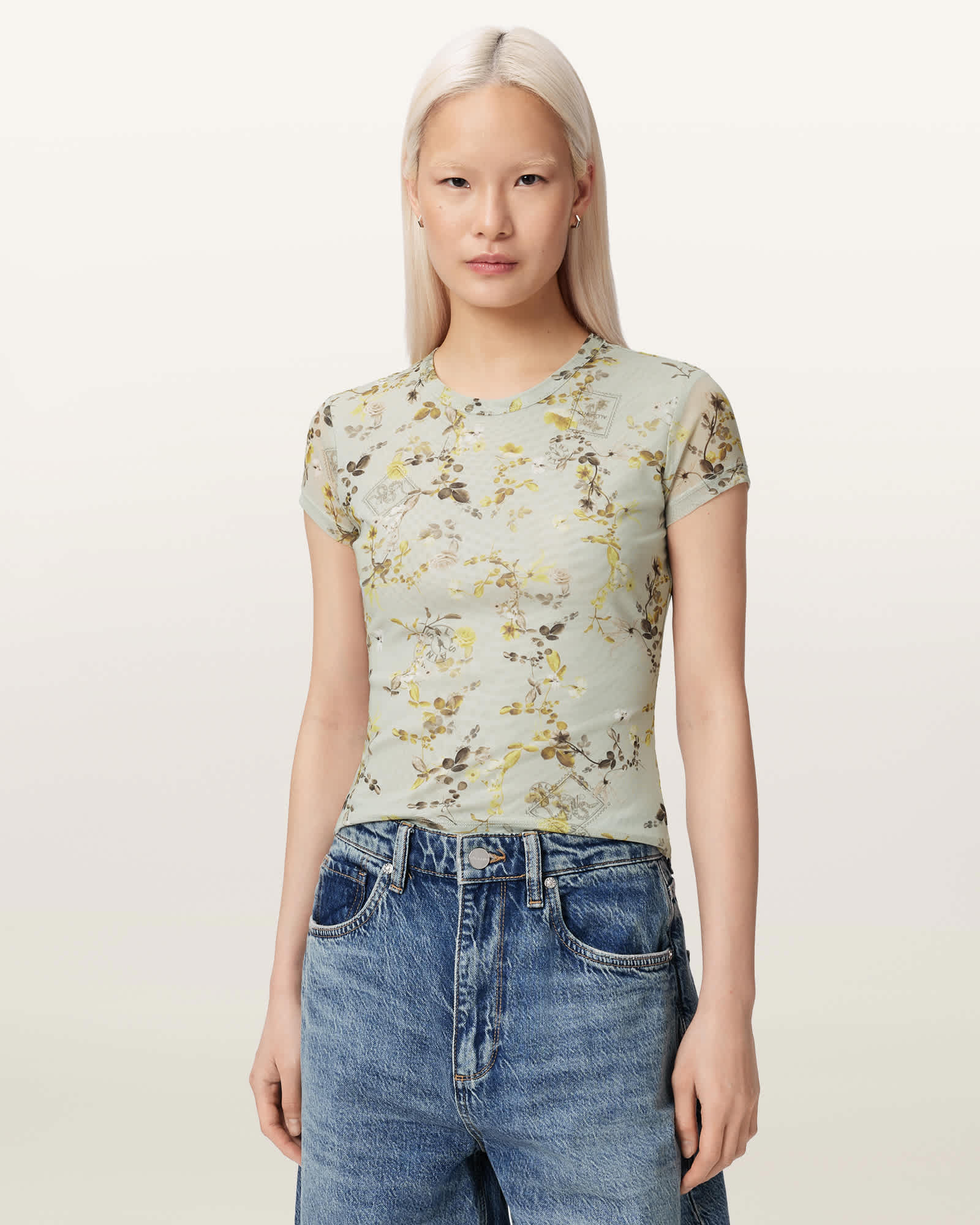 AllSaints Polyester Ellie Mesh Floral Print Slim T-Shirt, Size: UK 10/US 6
